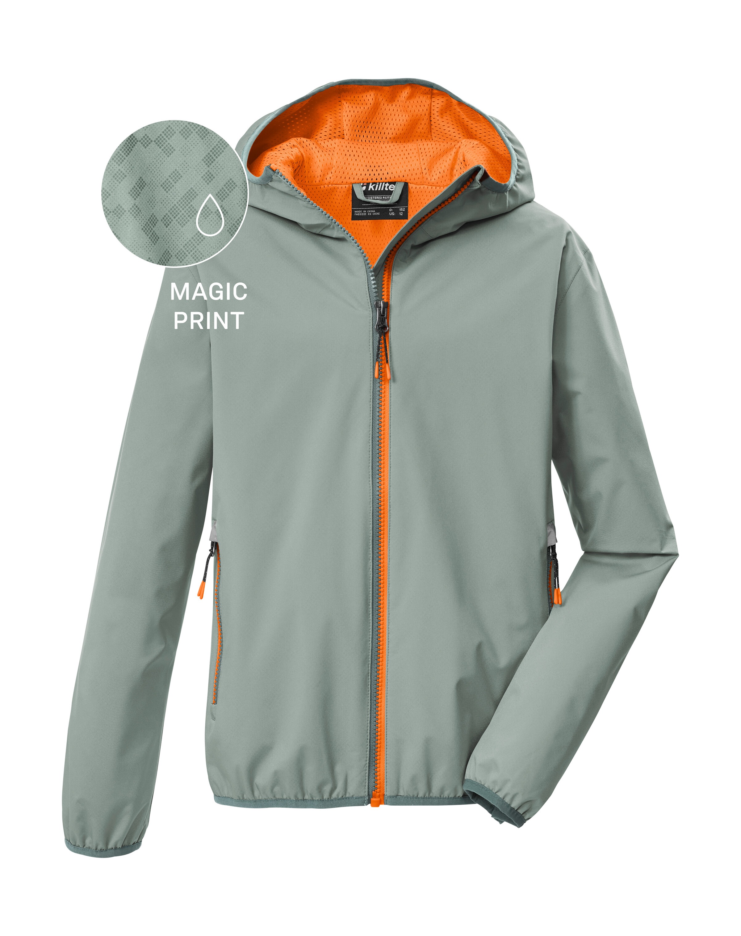 Funktionsjacke KILLTEC "KOS 145 BYS JCKT", Jungen, Gr. 140, hellgrün, Obermaterial: 100% Polyester;Futter: 100% Polyester, Jacken Funktionsjacke, Kinderjacke mit Magic Print, wasserdicht, Kapuze, Kinnschutz