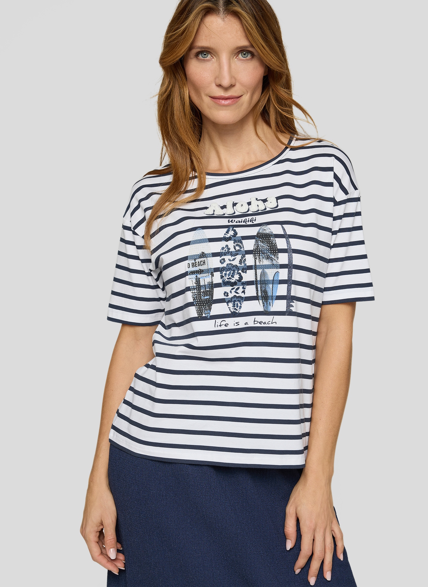 Rabe Kurzarmshirt im Streifen-Design und mit Glitzersteinen günstig online kaufen