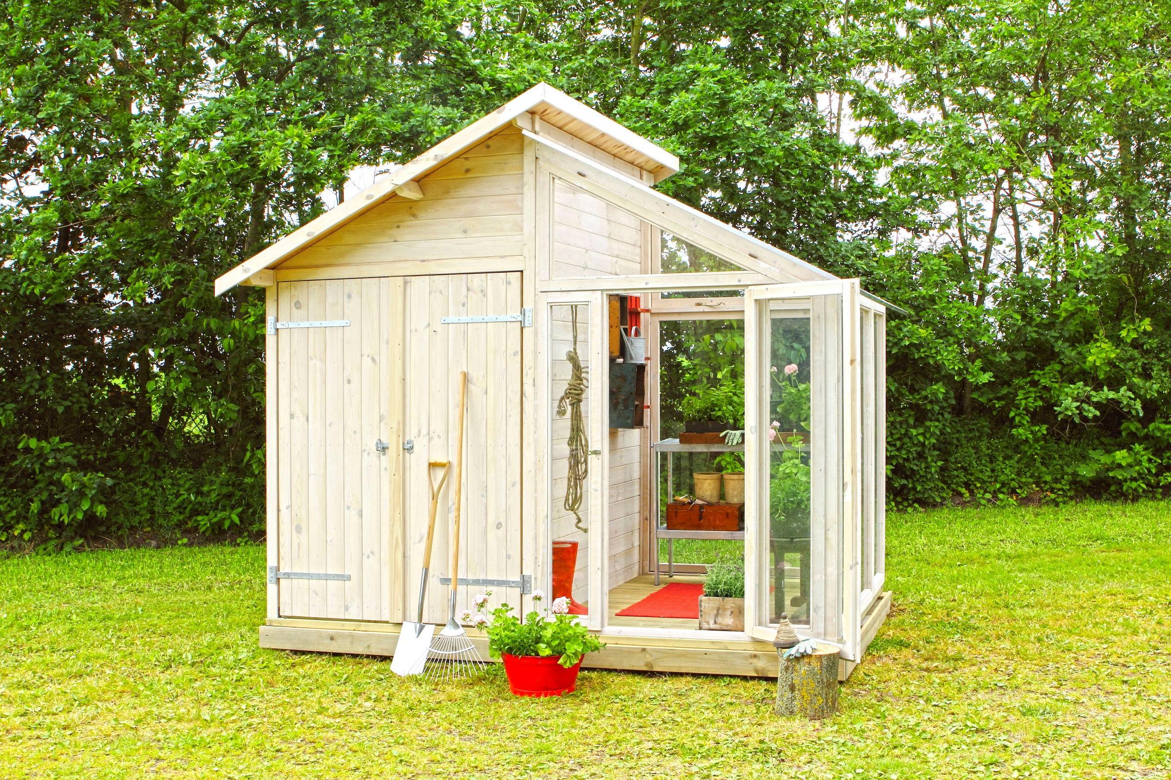 PLUS Gartenhaus, (Packung), Abstellraum / Gewächshaus 6,6 m², praktisch, unbehandeltes Holz