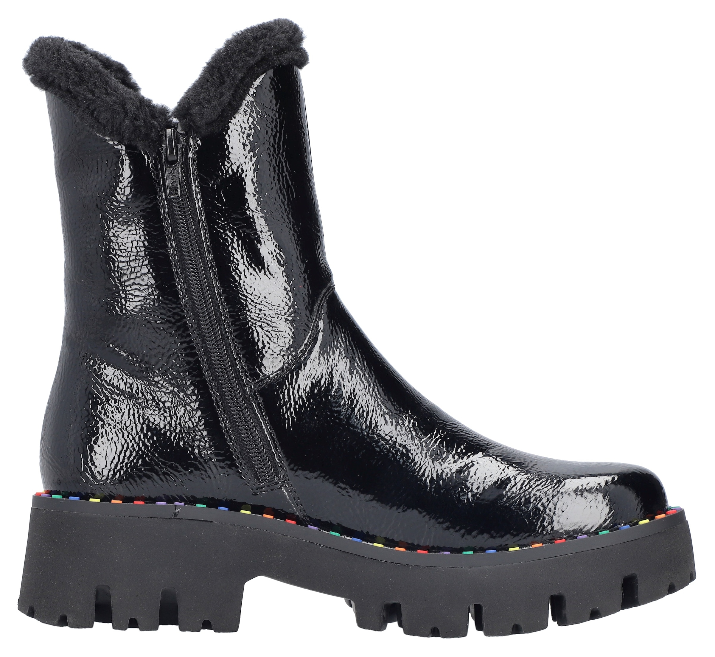 Rieker Winterstiefelette, Plateauboots, Winterboots, Lack-Stiefelette mit buntem Sohlenrand