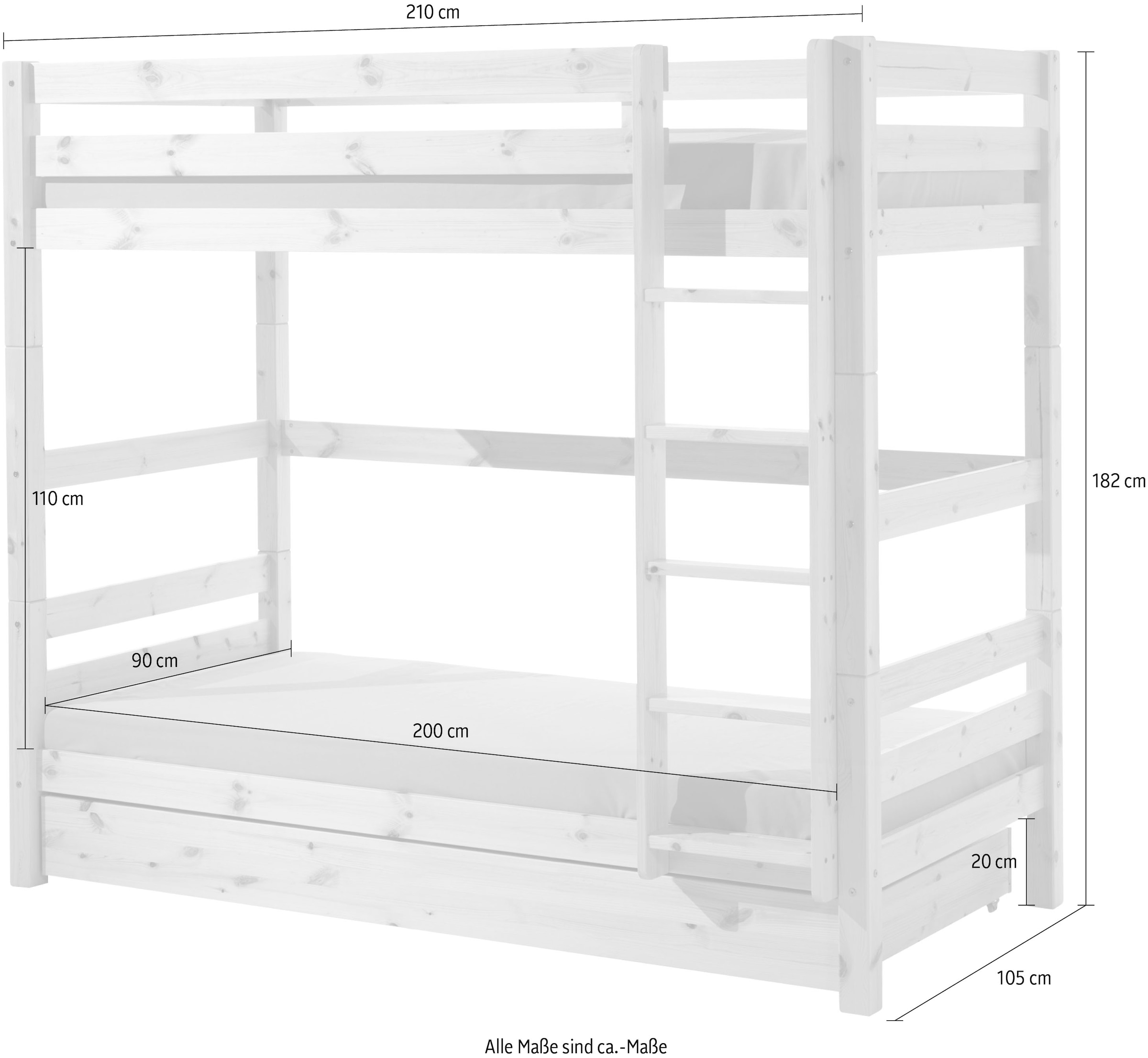 Vipack Etagenbett »Pino, inkl. Rolllattenrost, Leiter und Absturzschutz«, (B/H/T ca. 210x182x105cm, massiv Kiefer verschiedene Farben), wahlweise ohne Schublade, mit 1 großen, 2 kleinen Bettschubladen