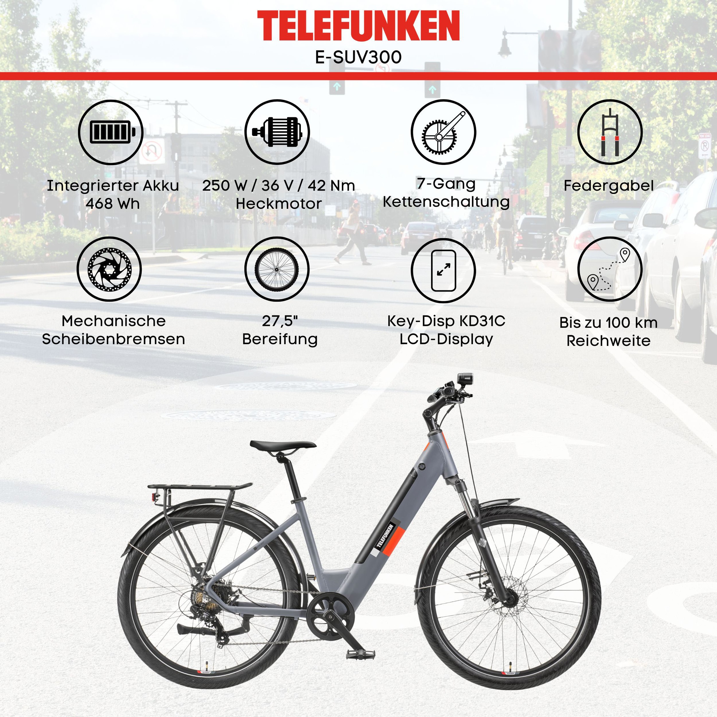 Telefunken E-Bike »E-City SUV300«, 7 Gang, Shimano, Tourney, Heckmotor 250 W, Pedelec, Elektrofahrrad, Damen u. Herren, innerhalb StVZO, 27,5 Zoll