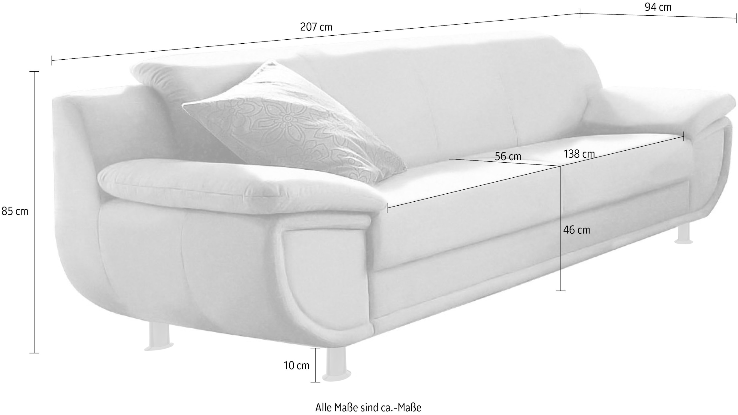 TRENDMANUFAKTUR 3-Sitzer »Rondo, Breite 207 cm, breite Armlehnen, Füße schwarz«, Big-Sofa wahlweise mit Federkern, in verschiedenen Bezügen bestellbar