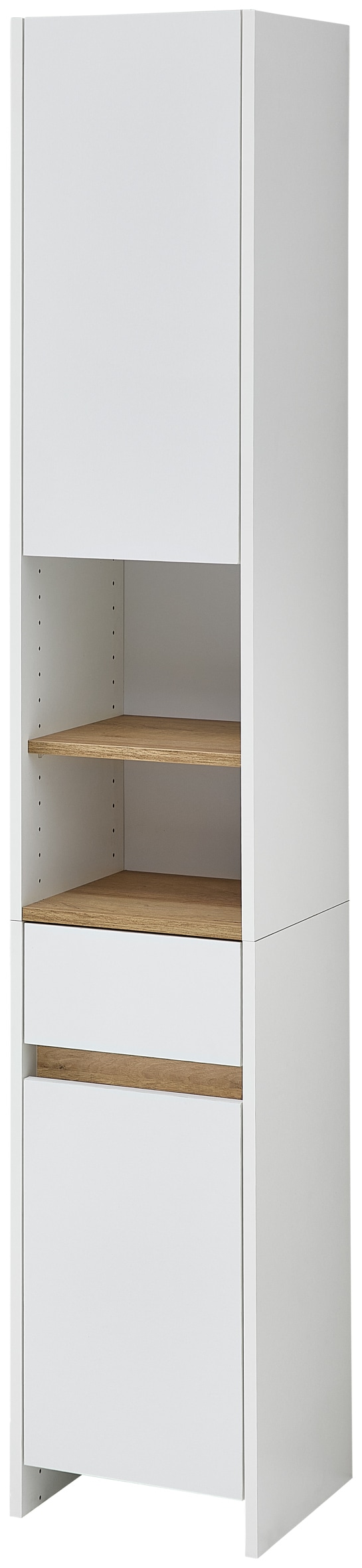 Saphir Hochschrank »Hochschrank Quickset 100, Badschrank 32,4 cm, 2 Türen und 1 Schublade«, 3 Einlegeböden, 2 offene Fächer, Badezimmer-Hochschrank, Akzentfuge