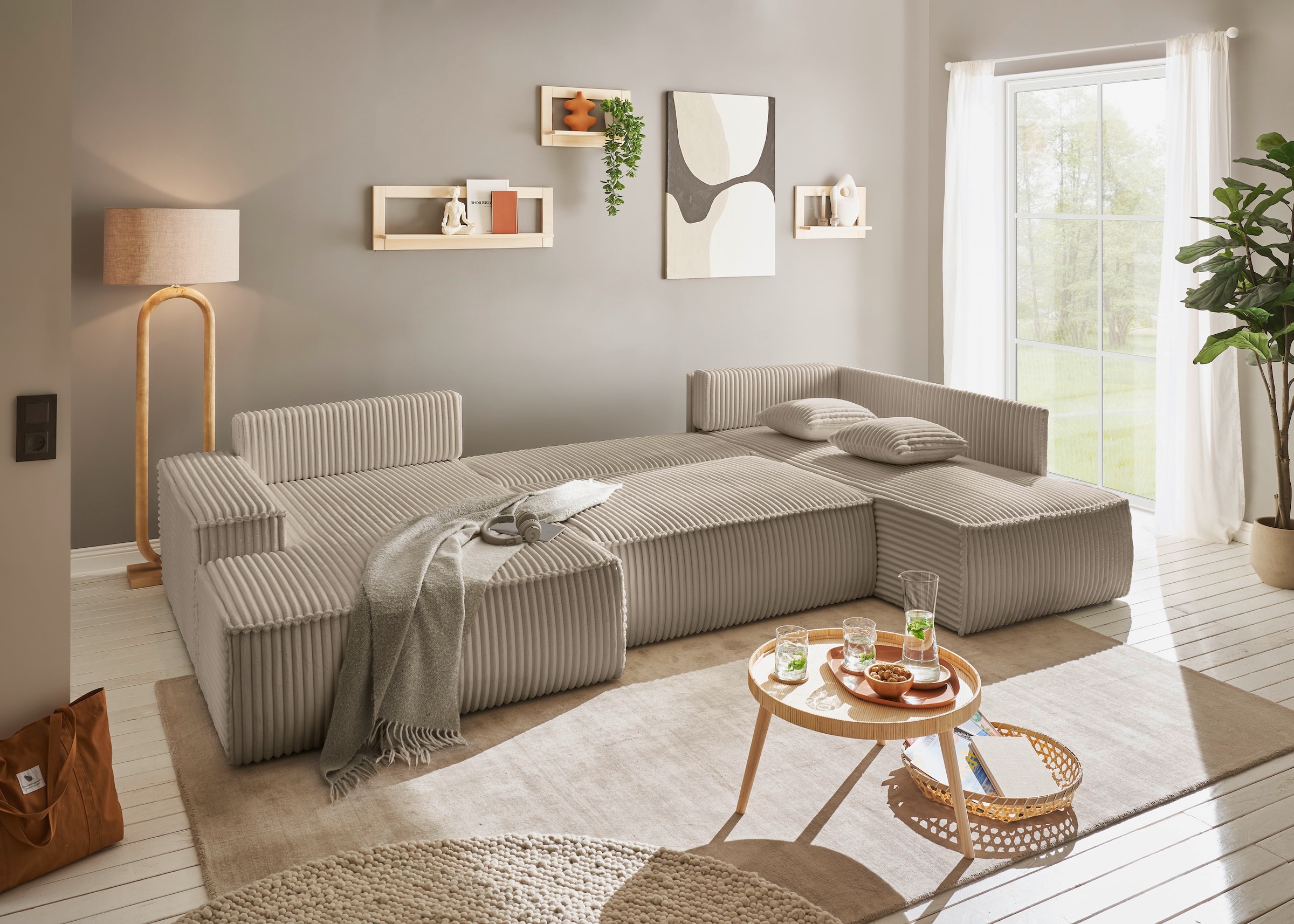 andas Wohnlandschaft »FINNLEY U-Form XXL 329 cm, Schlafsofa, Schlaffunktion m. Bettkasten«, (194/139 cm), Bouclé, Struktur und Cord