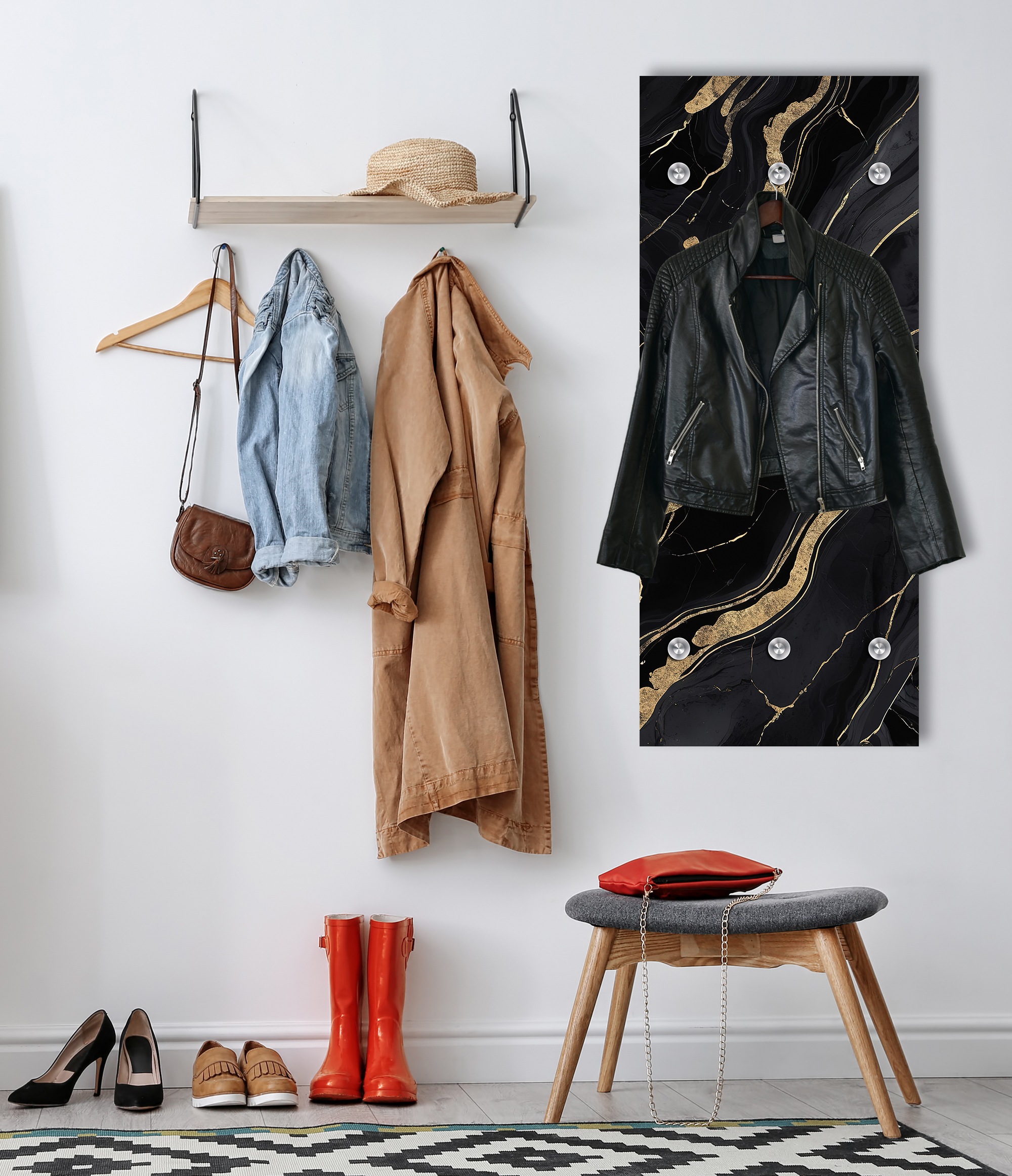 Garderobenpaneel QUEENCE "Wandgarderobe mit Motiv Marmor Abstrakt inkl. Edelstahlhaken", gold, B:50cm H:120cm T:2,5cm, Acrylglas, Edelstahl, Garderobenpaneele, Garderobenpaneel, HD Premium Druck auf Acrylglas