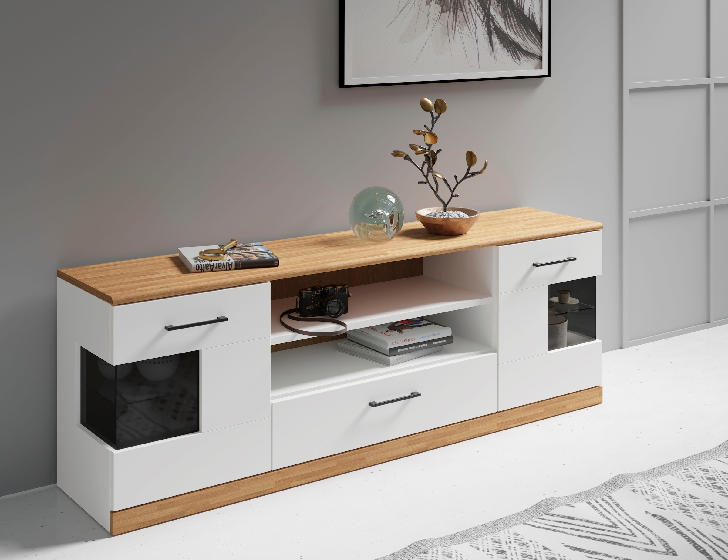 Home affaire Lowboard »Ribe,160cm breit,55cm hoch,Oberplatte massiv«, Oberplatte Massivholz,schwarze Metall Griffe,2 Türen mit Glaseinsatz