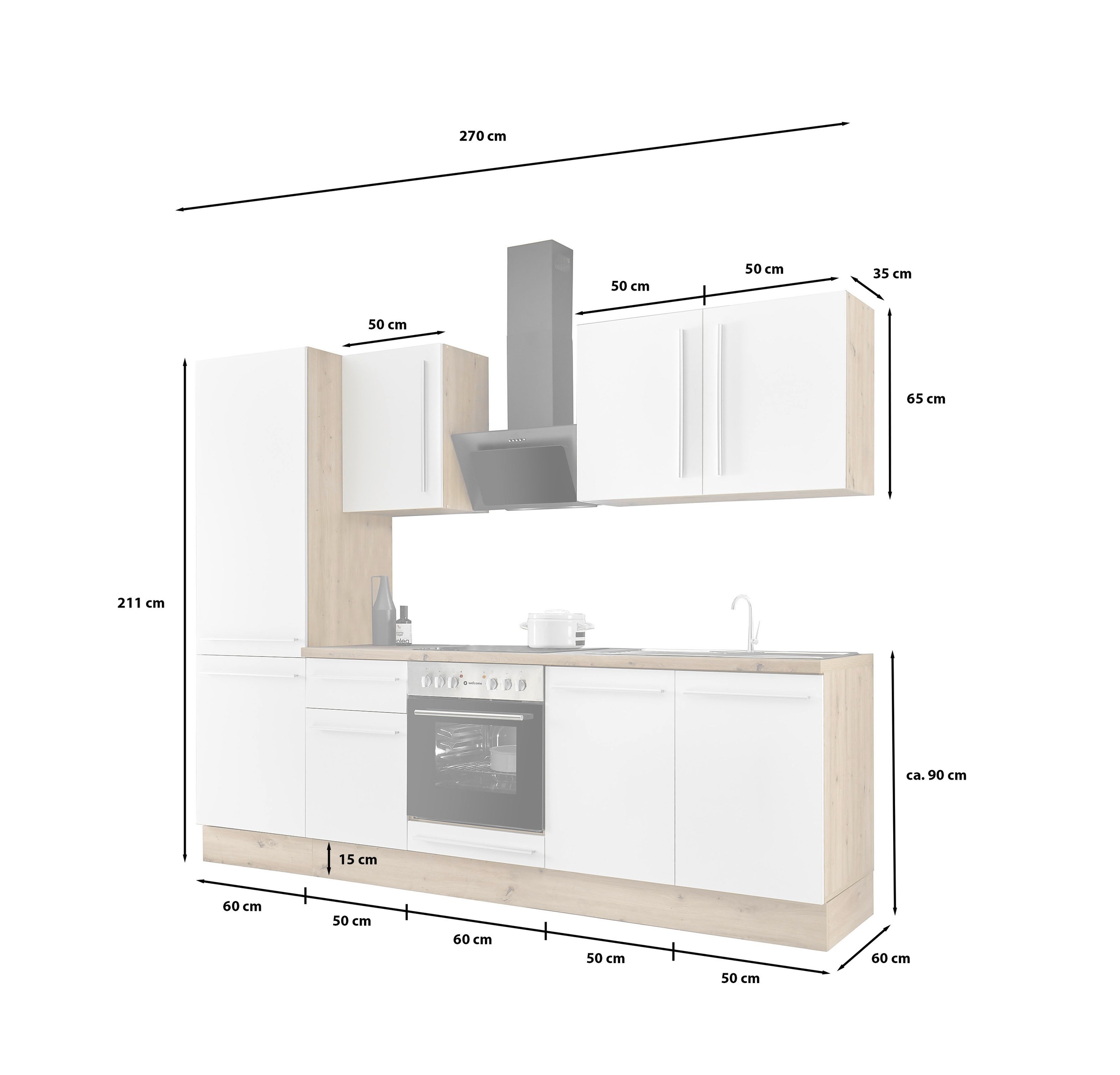 KOCHSTATION Küchenzeile »KS-Florida mit 38mm starker Arbeitsplatte«, Breite 270 cm, wahlweise mit E-Geräten, Soft-Close-Funktion