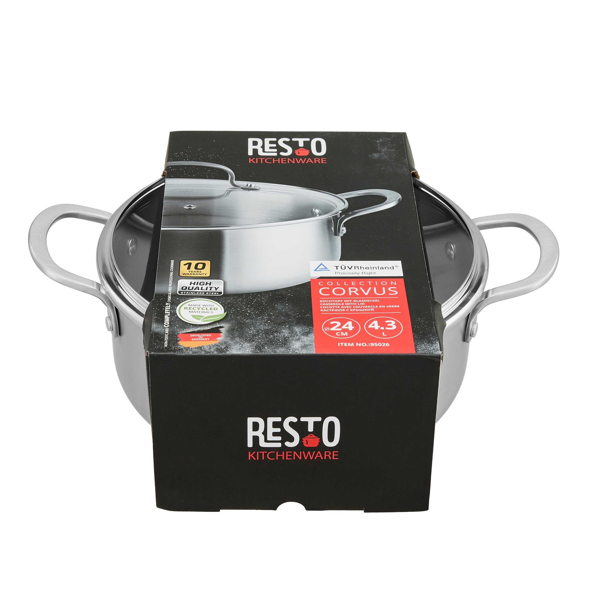 RESTO Kitchenware Kochtopf »CORVUS mit Glasdeckel, TRI-PLY- Aufbau – 3-lagige Konstruktion« 1 tlg. Aluminium | Edelstahl 18/10