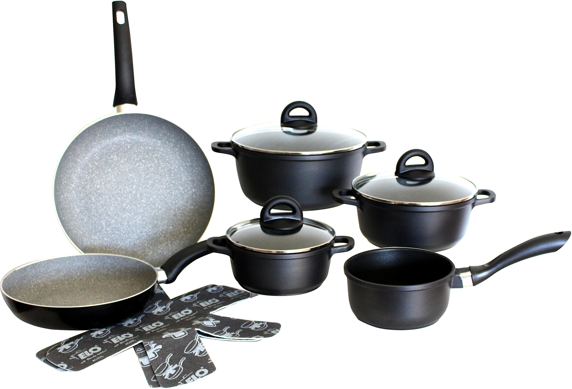 Elo Topf-Set »Black«, Aluminiumguss, (Set, 10 tlg., Kochtopf 16/20/24 cm, Stielkasserolle 16 cm, Bratpfanne 24/28 cm), mit hochwertiger Antihaftversiegelung, Induktion