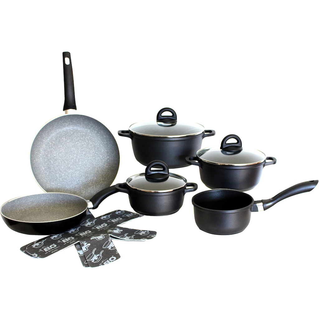 Elo Topf-Set »Black«, Aluminiumguss, (Set, 10 tlg., Kochtopf 16/20/24 cm, Stielkasserolle 16 cm, Bratpfanne 24/28 cm)