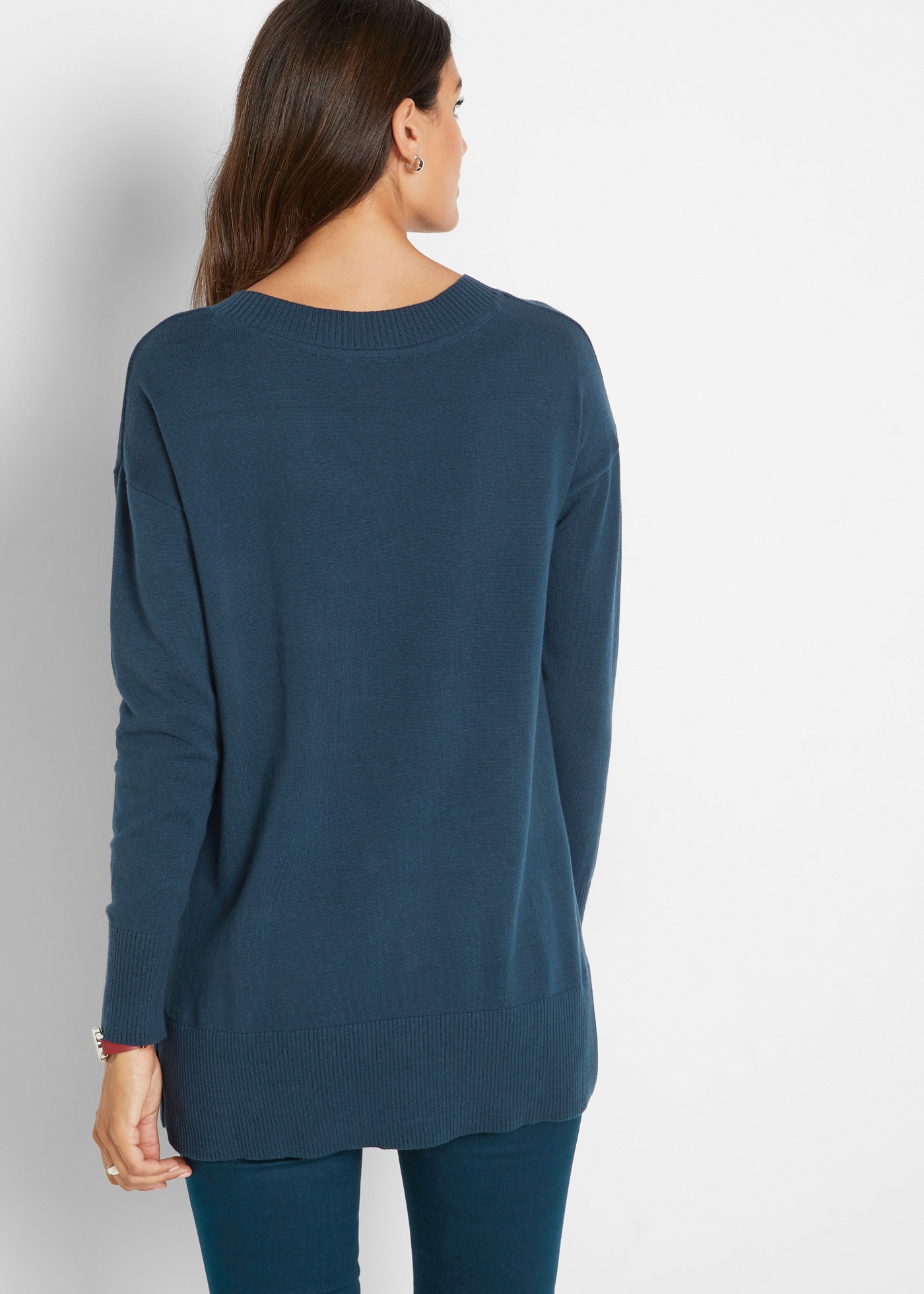 bonprix Longpullover "Long-Pullover" aus Baumwolle und Polyamid, mit V-Auss günstig online kaufen