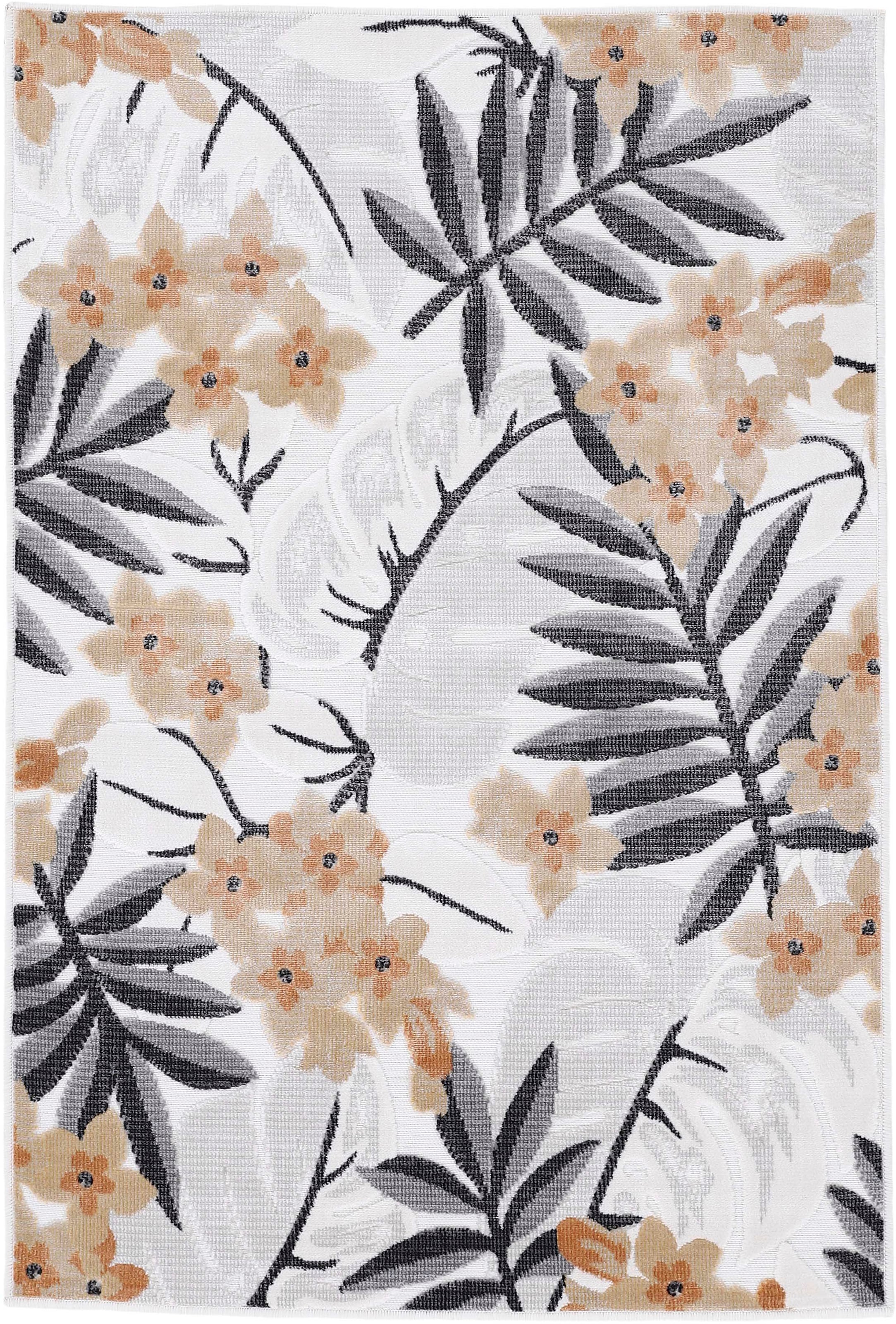 Teppich CARPETFINE "Deja 102", beige (creme), B:120cm H:4mm L:170cm, Polypropylen, Teppiche, Teppich, robustes Flachgewebe, Floral Palmenblätter, In- und Outdoor, Läufer