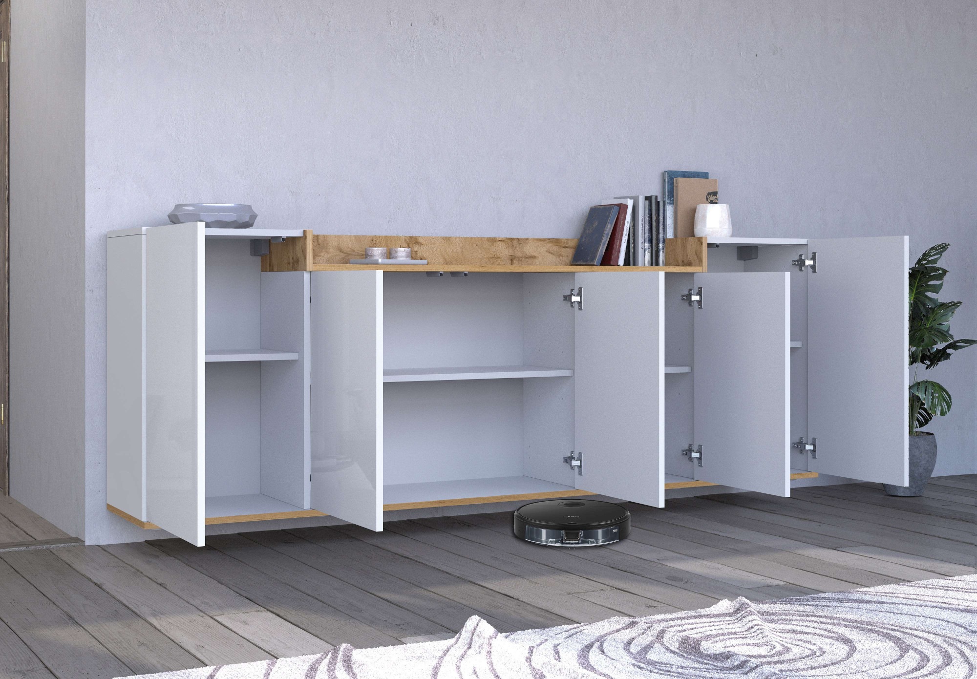 OTTO home Sideboard »BOLSENA, Kommode, Schrank,Lowboard mit 8 Fächer und offenes Ablagefach« 1 Stk. tlg. Breite 200 cm,stehend/hängend,Fronten Hochglanz lackiert,Made in Italy