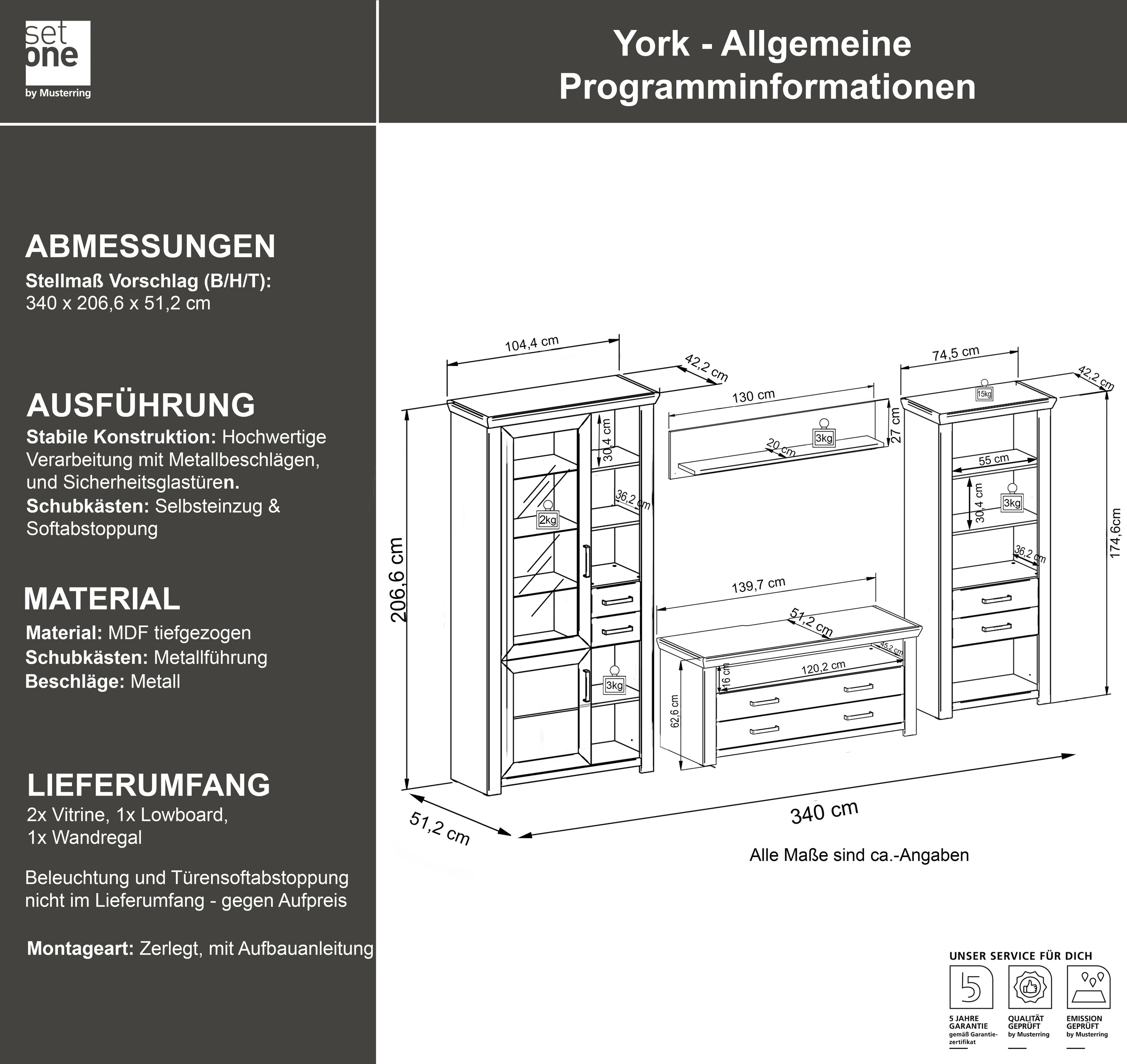 set one by Musterring Wohnwand »York«, (4 St.), Kombination mit 4 Teilen, in 3 Farbvarianten, Gesamtbreite 340 cm