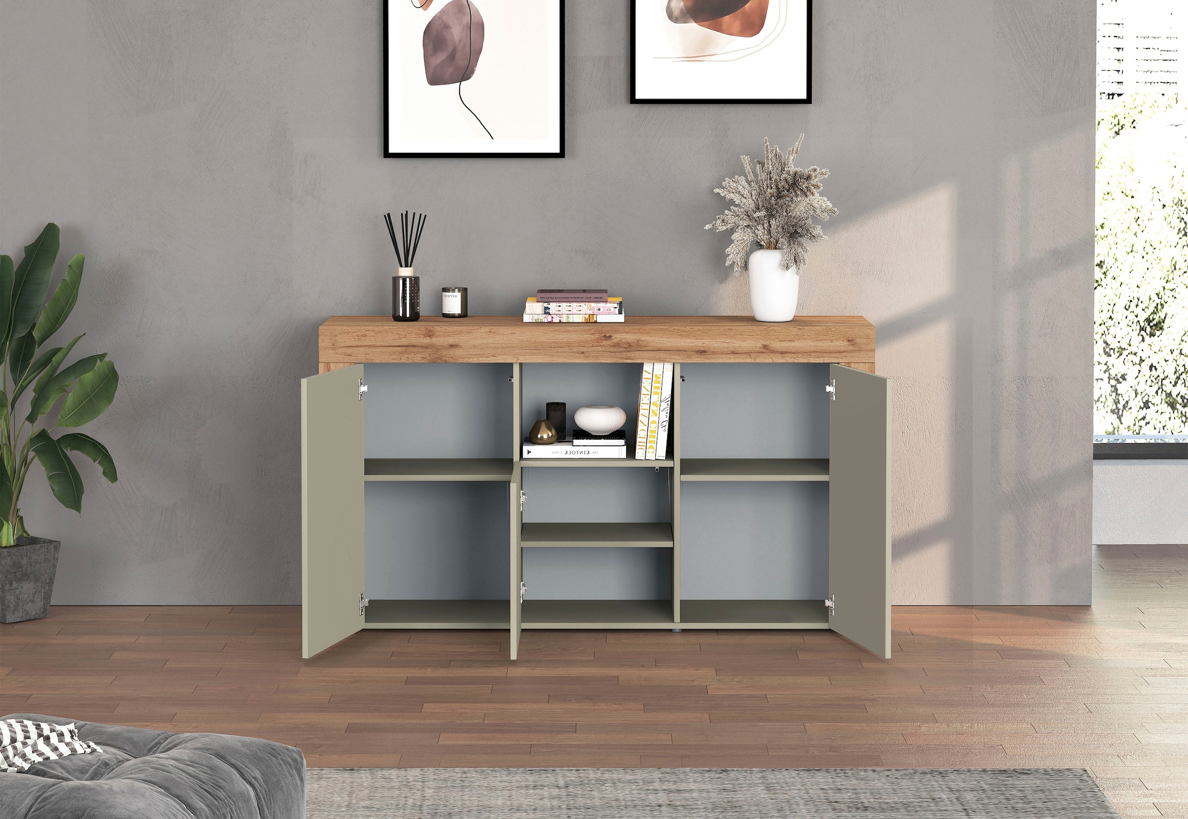 INOSIGN Sideboard »CHRONOS Breite 155 cm mit 3 Türen, 1 offenes und 6 geschlossene Fächer«, (1 St.), Sideboard,Kommode, Schrank, Grifflos mit Push to Open, Made in Italy