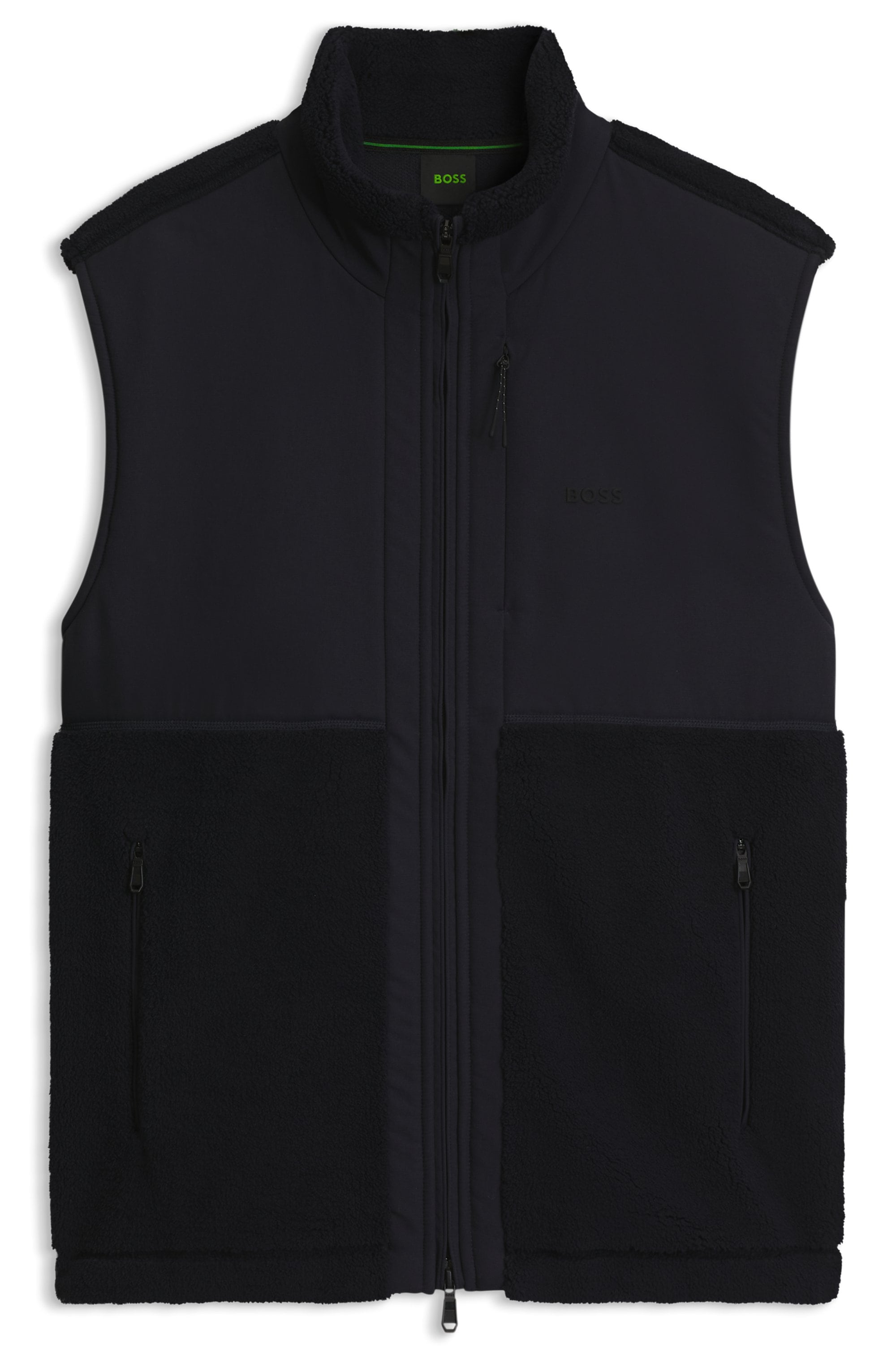 BOSS GREEN Fleeceweste "SW Sveedy" Teddyfleece mit gewebten Kontrastdetails, Relaxed Fit, gesticktes Logo