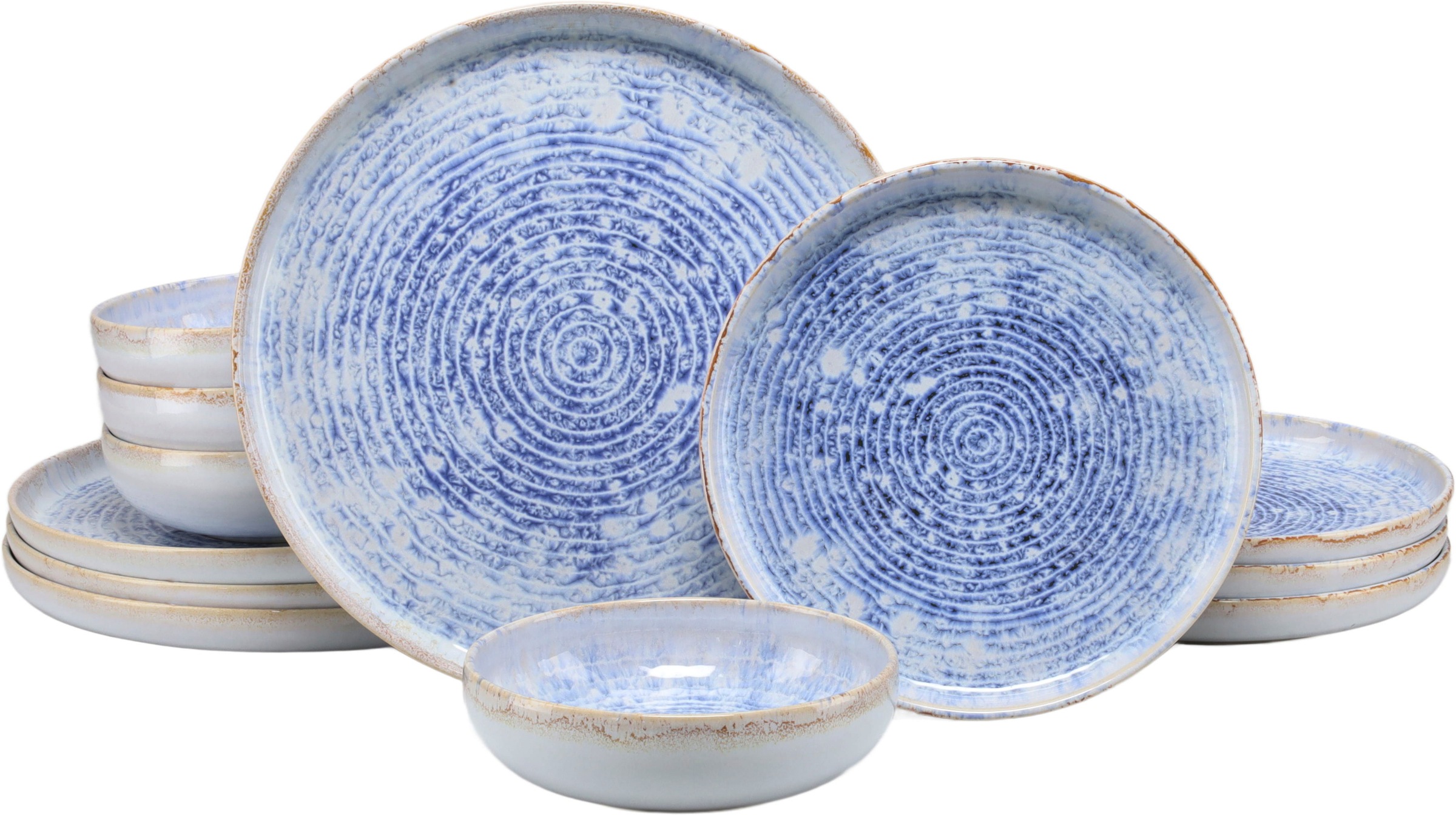 CreaTable Teller-Set "Uno Mykonos glänzend, Geschirr-Set, 12-tlg." Modernes Spiraldekor, Reaktivglasur