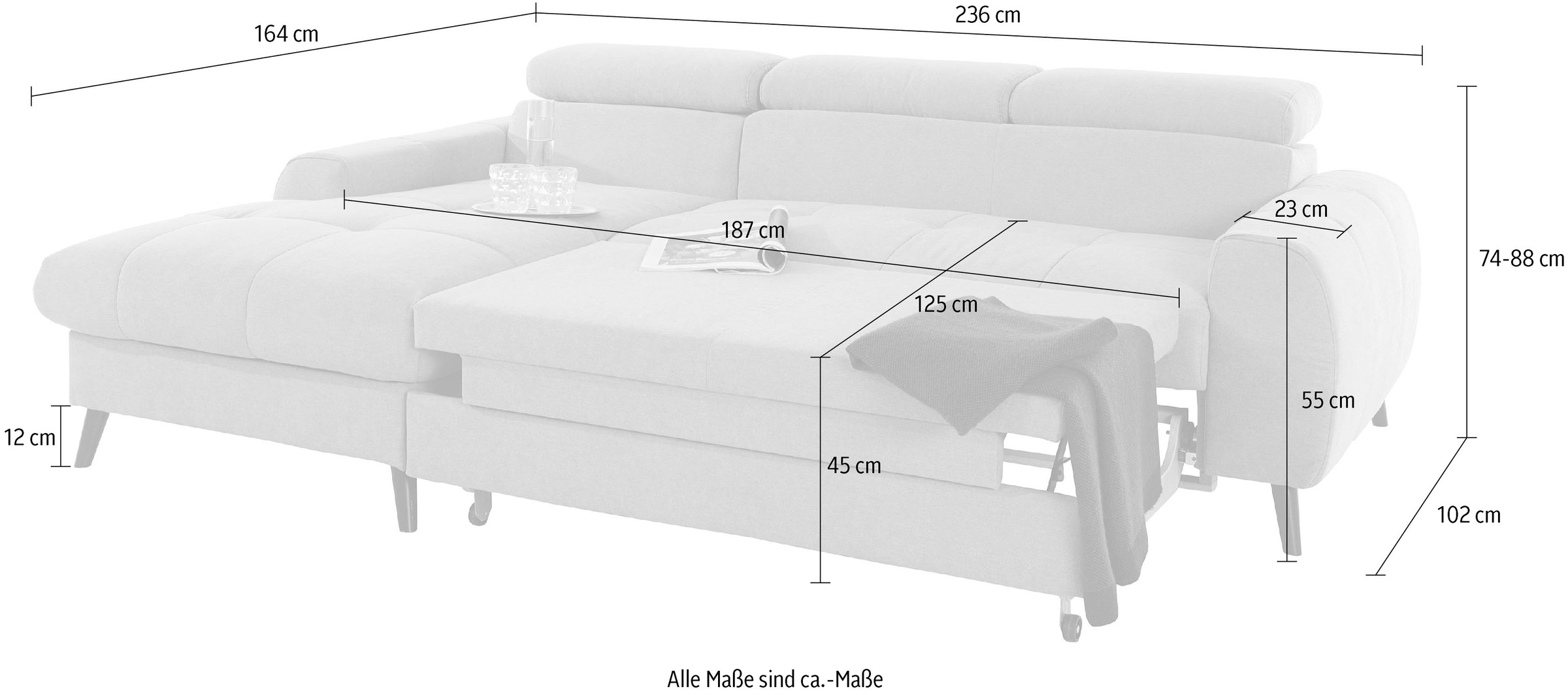 COTTA Ecksofa »Mia L-Form mit 3 Zierkissen«, wahlweise mit Bettfunktion, Bettkasten, Beleuchtung & Wireless-Charger