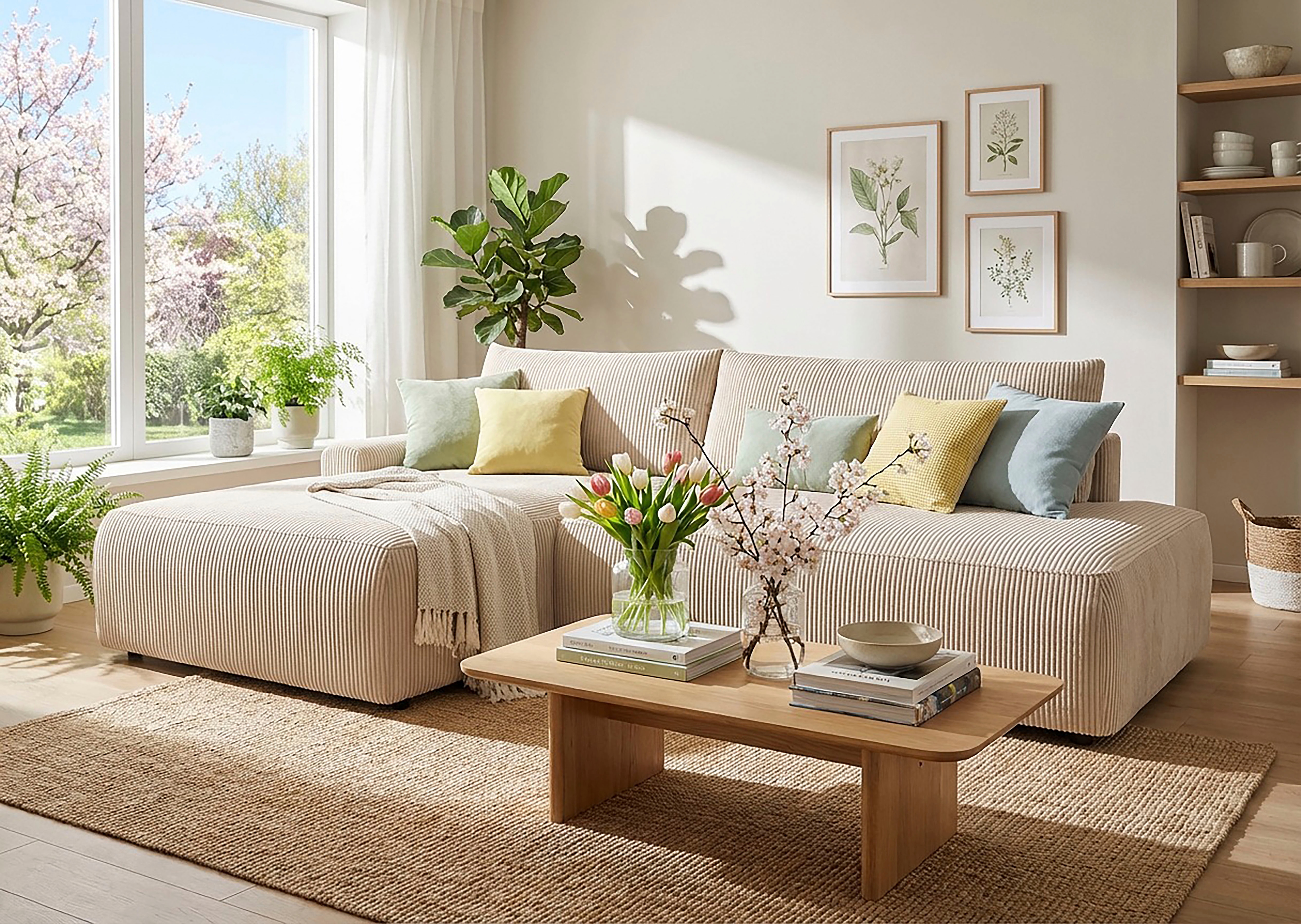 TRENDMANUFAKTUR Ecksofa "Prag, Schlafsofa mit Bettkasten, Couch in L-Form, Breite 253 cm" in Cordstoff HYPER, cream, Recamiere links