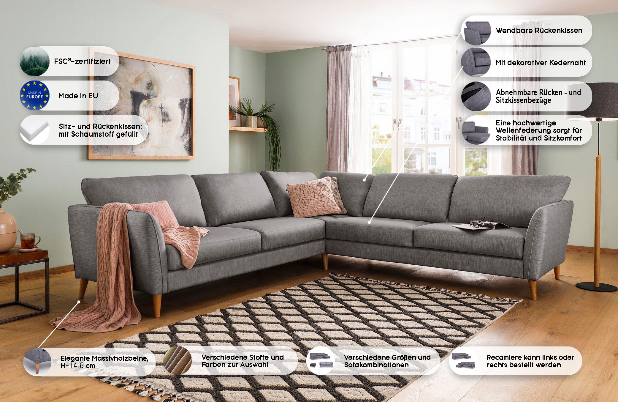 Home affaire Ecksofa »MARSEILLE 278/278 cm, L-Form,«, gleichschenklig, aus Eiche-Massivholz Beinen, verschiedene Bezüge