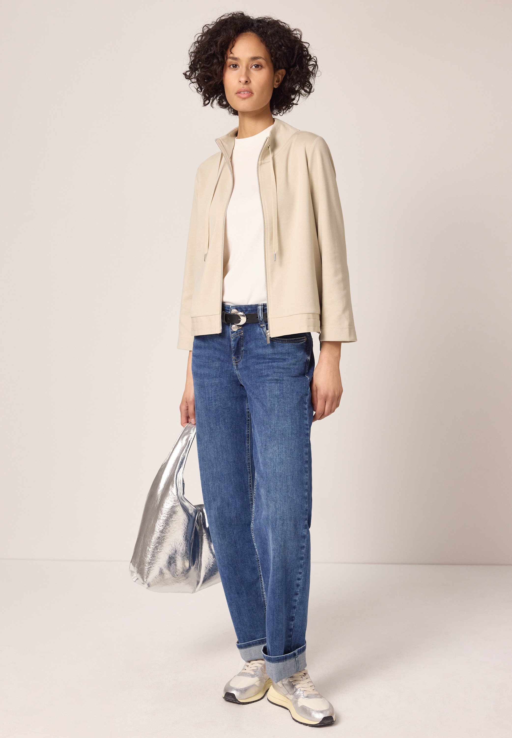 Cardigan STREET ONE, Damen, Gr. 36, cotton beige, Stoff, 71% Polyester, 26% Viskose, 3% Elasthan, unifarben, normal normal, hoch geschlossener Ausschnitt, abgesteppt, Strickjacken, mit 3/4 Ärmeln 6