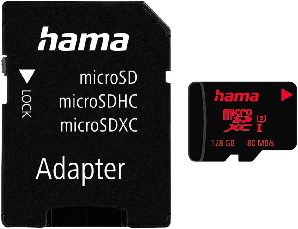 HAMA Speicherkarte "microSD Karte Memory Pro 4K, Adapter/Mobile, UHS Speed C3 UHS-I 80MB/s", 128 GB, schwarz, Speicherkarten