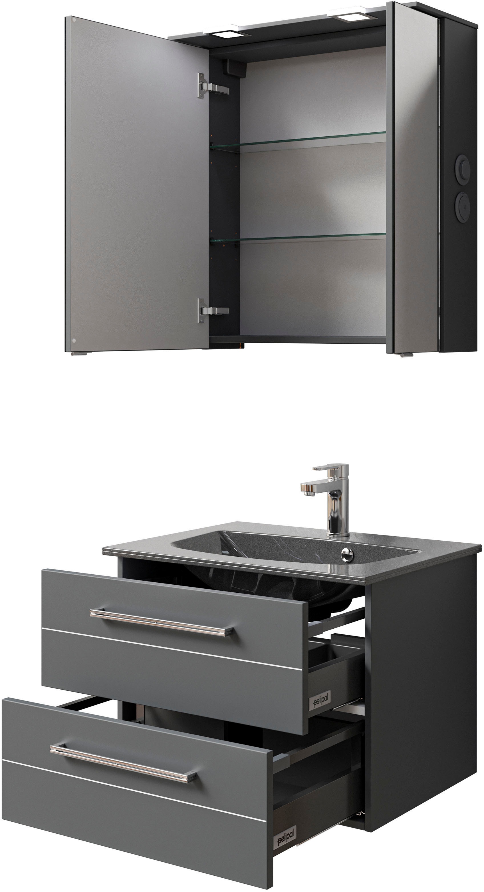 Saphir Badmöbel-Set »Serie 6025 2-teilig Mineralmarmor-Waschtisch mit LED-Spiegelschrank«, (2 St.), Waschplatz 67 cm breit, 2 Schubladen, 2 Spiegel-Türen, inkl Türdämpfer