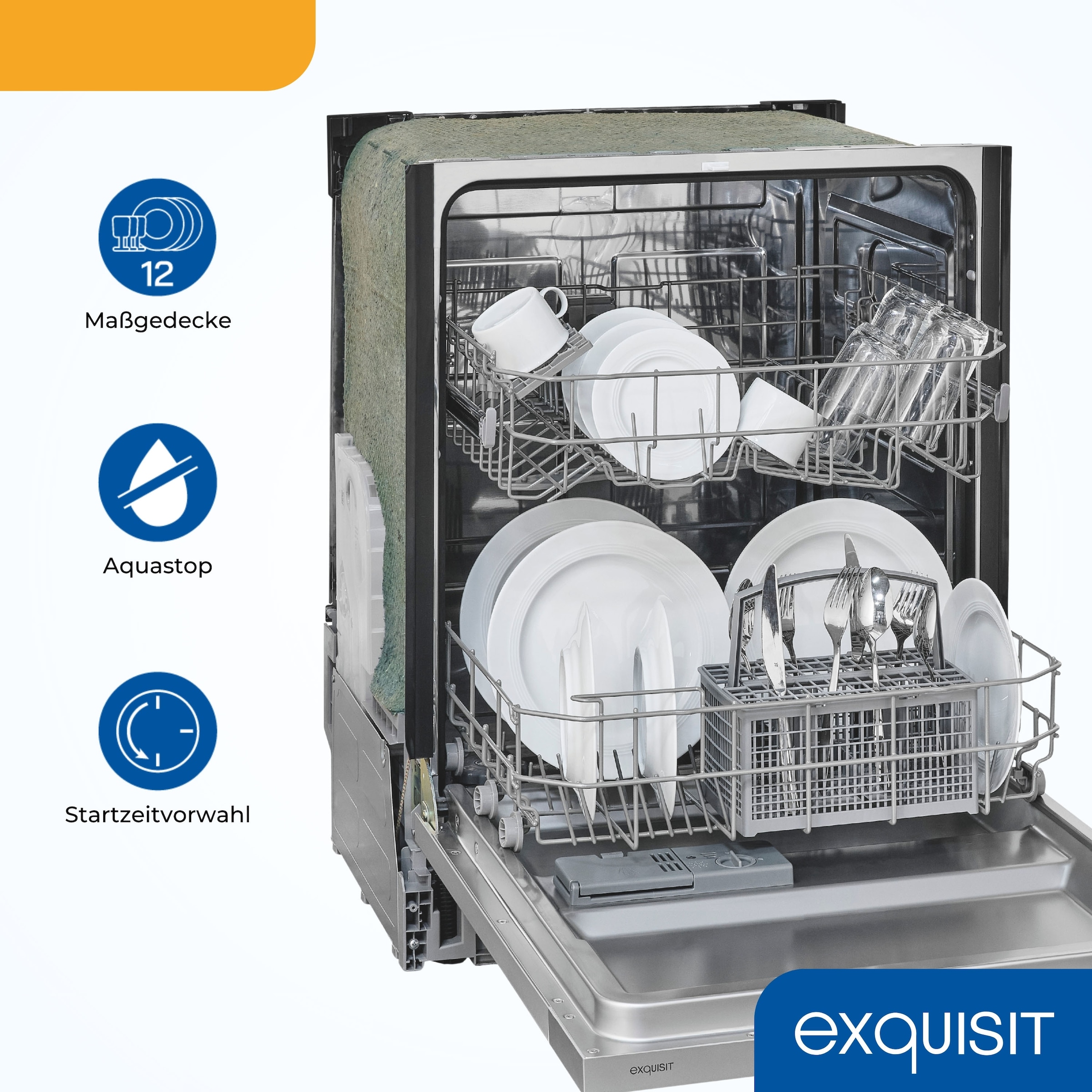 exquisit vollintegrierbarer Geschirrspüler 6312 »EGSP6312-E-030E silber« 11 l 12 tlg. Maßgedecke 12 Maßgedecke & flüsterleise 49 dB – stark und angenehm ruhig