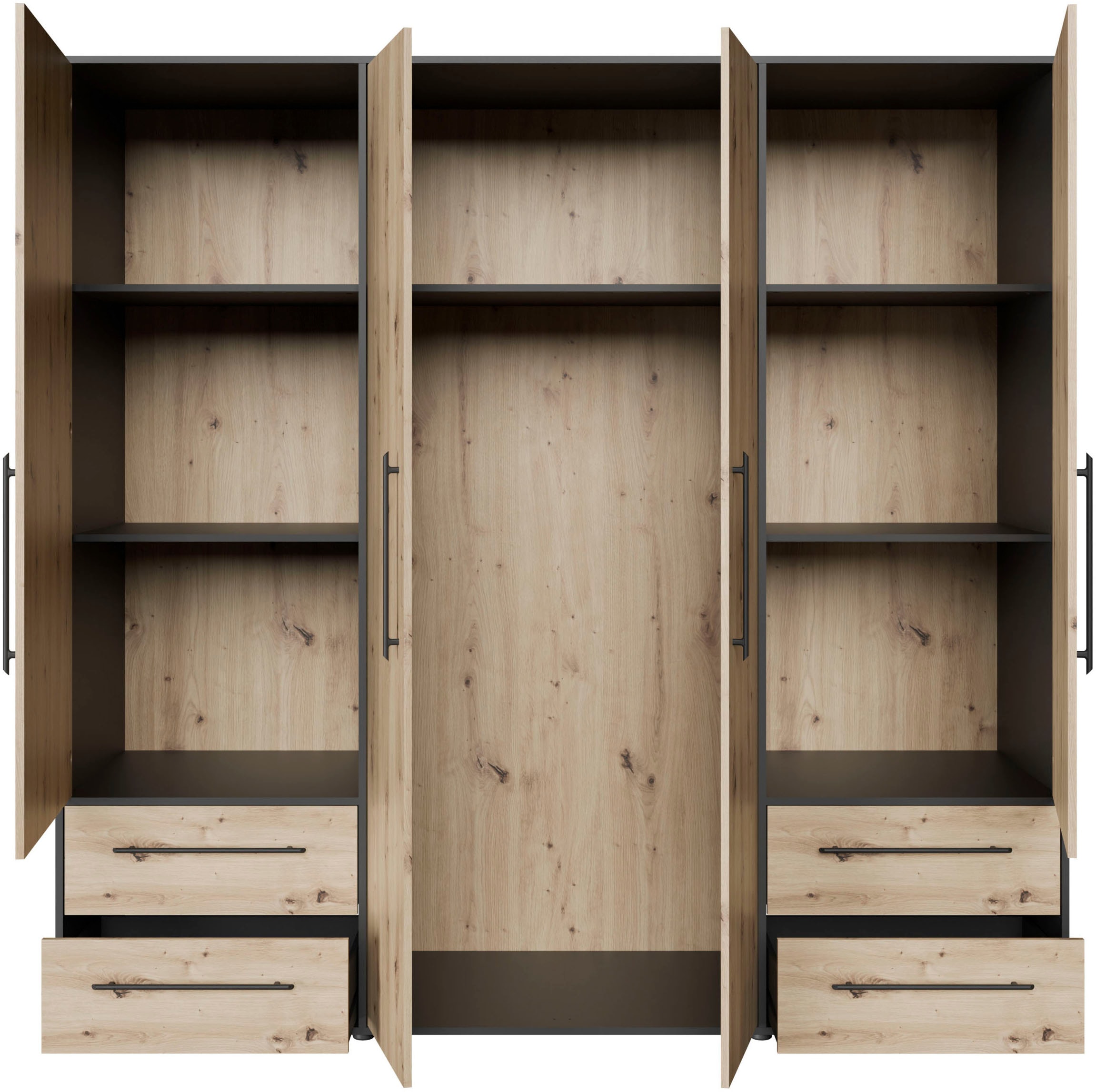 FORTE Drehtürenschrank »Mokkaris, TOPSELLER! 3 oder 4 Türen, zeitloses Design«, (BHT ca. 145x200x59cm oder BHT ca. 206x200x59cm), Schubladen + schwarze Stangengriffe, Made in Europe, viel Stauraum