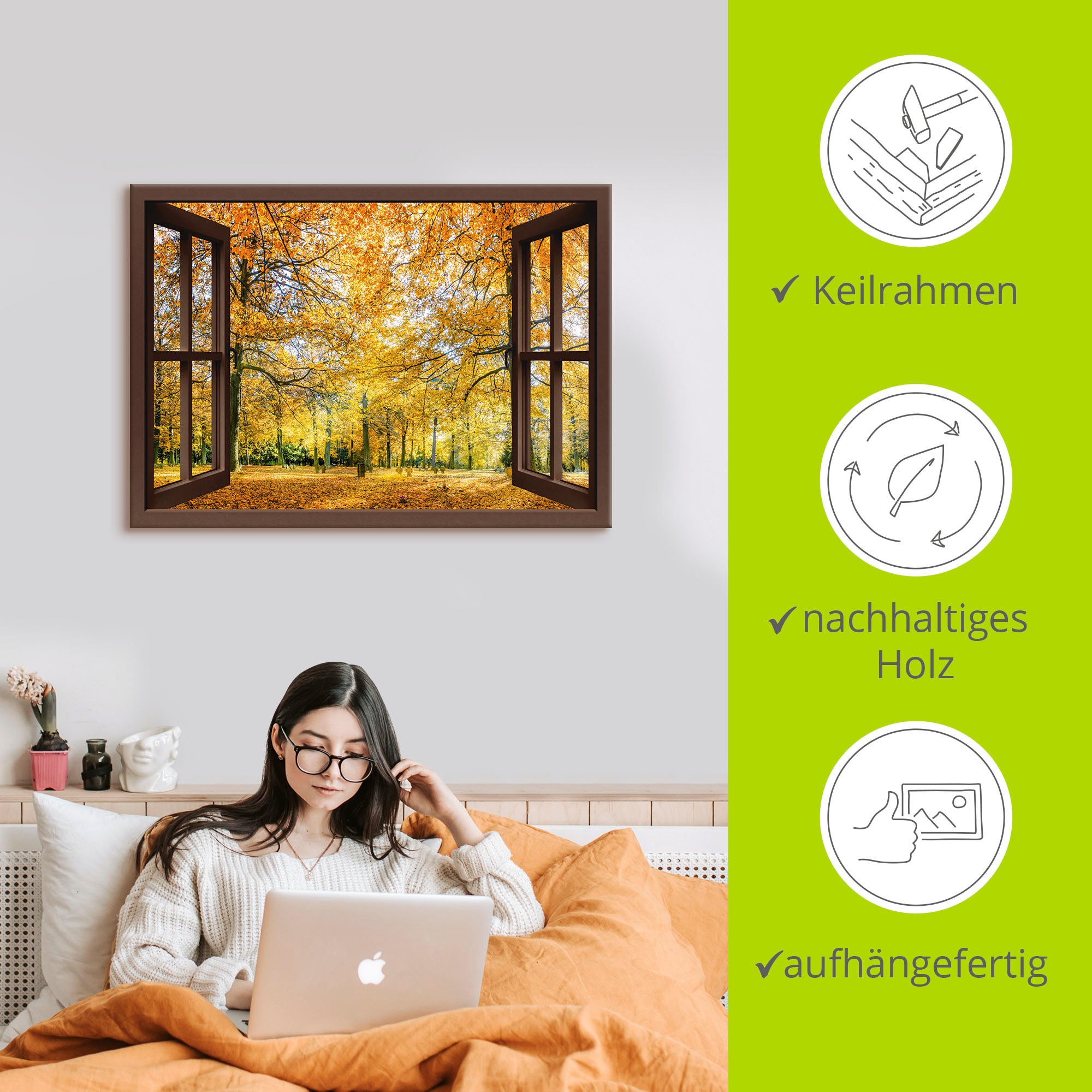 Artland Wandbild »Fensterblick - Herbstwald Panorama«, Fensterblick, (1 St.), als Leinwandbild, Poster, Wandaufkleber in verschied. Größen