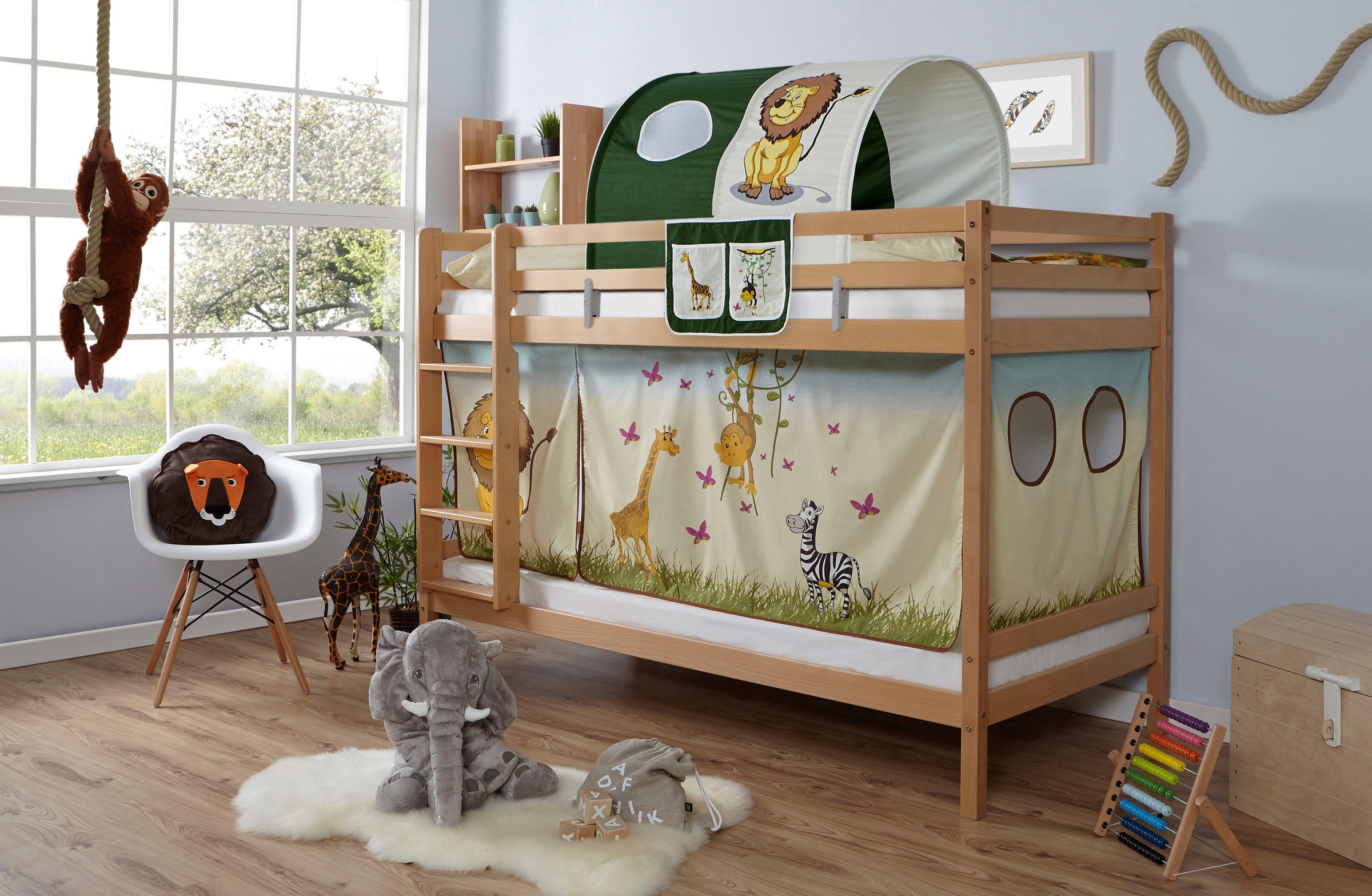 Ticaa Etagenbett »Rene«, mit Rollrost und Textil-Set wahlweise mit Matratze, Buche