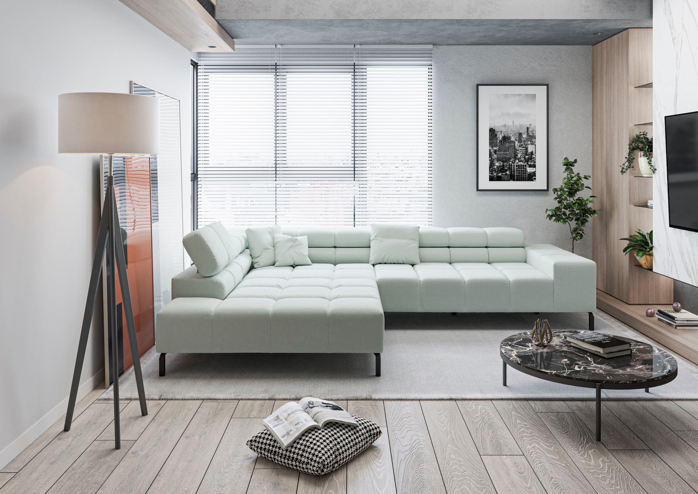 Home affaire Ecksofa "Ancona New, wahlweise motorische Sitztiefenverstellung, auch in Cord" feine Steppung, mit Kopfteilverstellung, 3 Zierkissen, L-Form