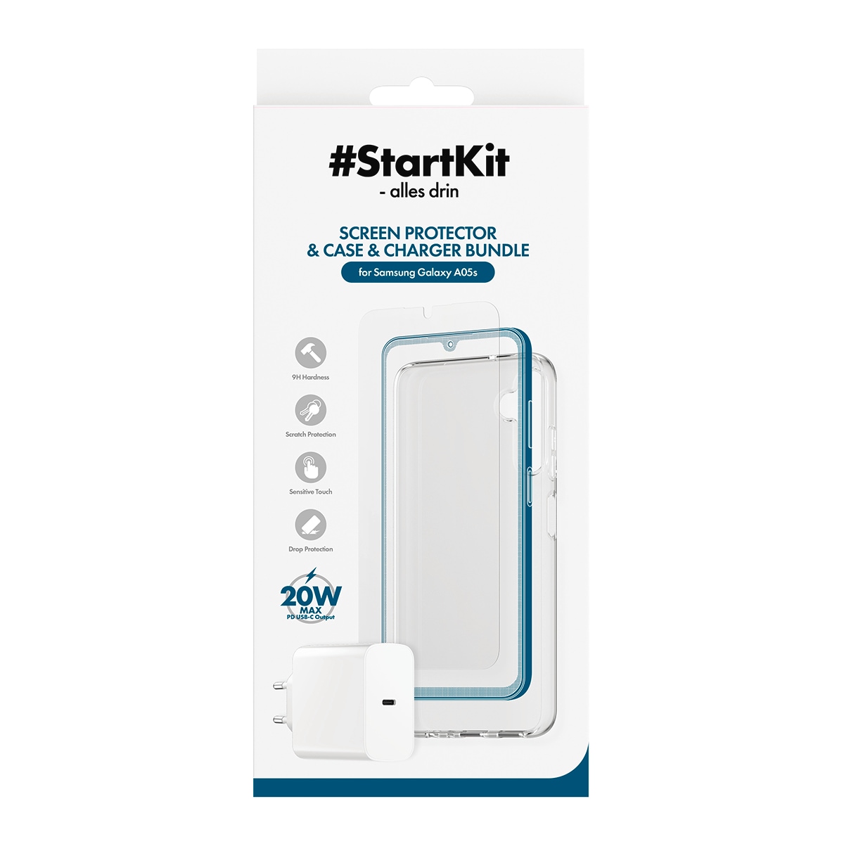 CARE by PanzerGlass USB-Ladegerät »StartKit - alles drin - Screen Protector, Case & Charger« Set, 20W Ladegerät, Displayschutzglas, TPU-Schutzhülle, 3 Stk. tlg. 3-in-1 Bundle für Samsung Galaxy A05s