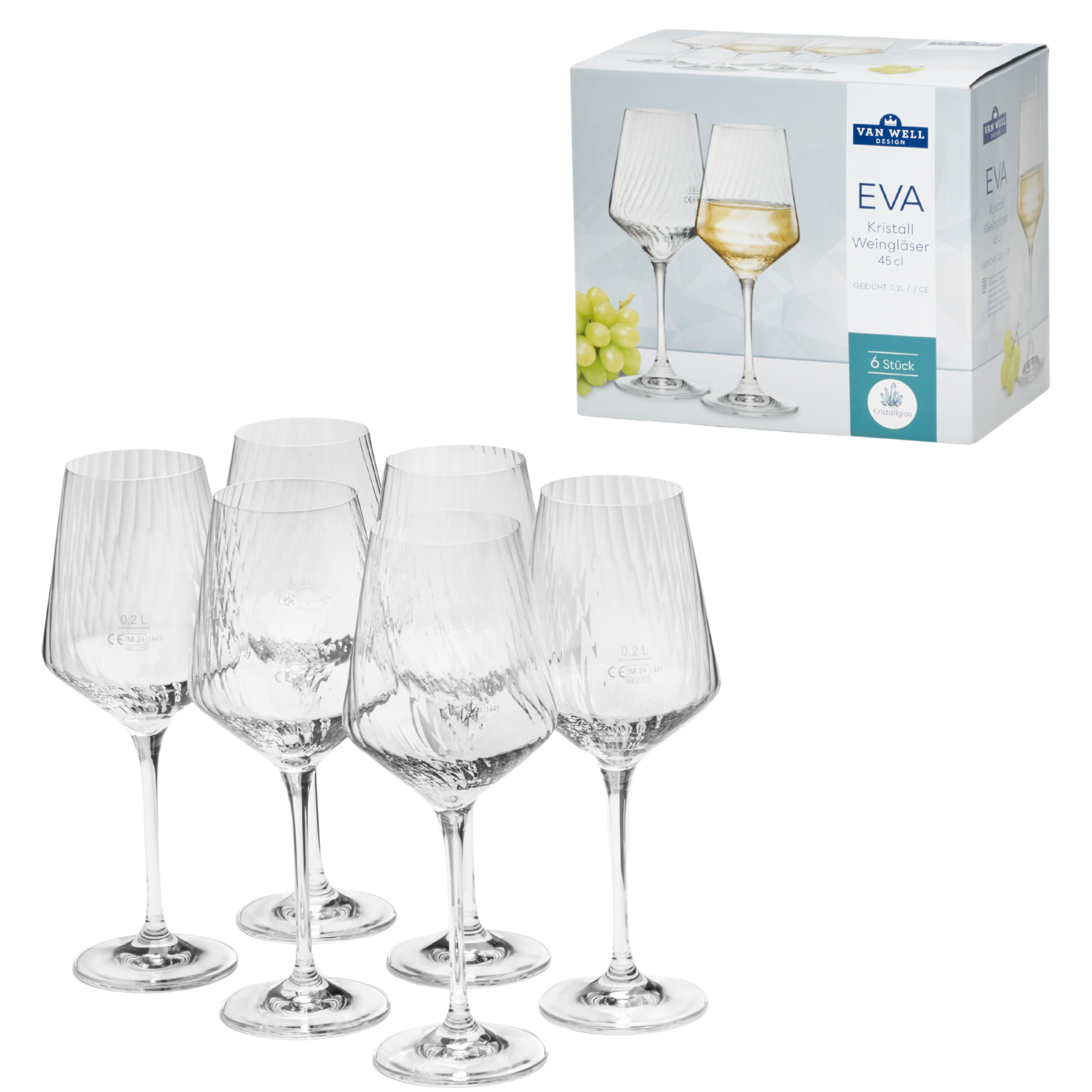 van Well Weinglas »Eva, Weingläser 45 cl geeicht, 6 Stück«, (Set, 6 tlg.), Relief-Optik, spülmaschinengeeignet