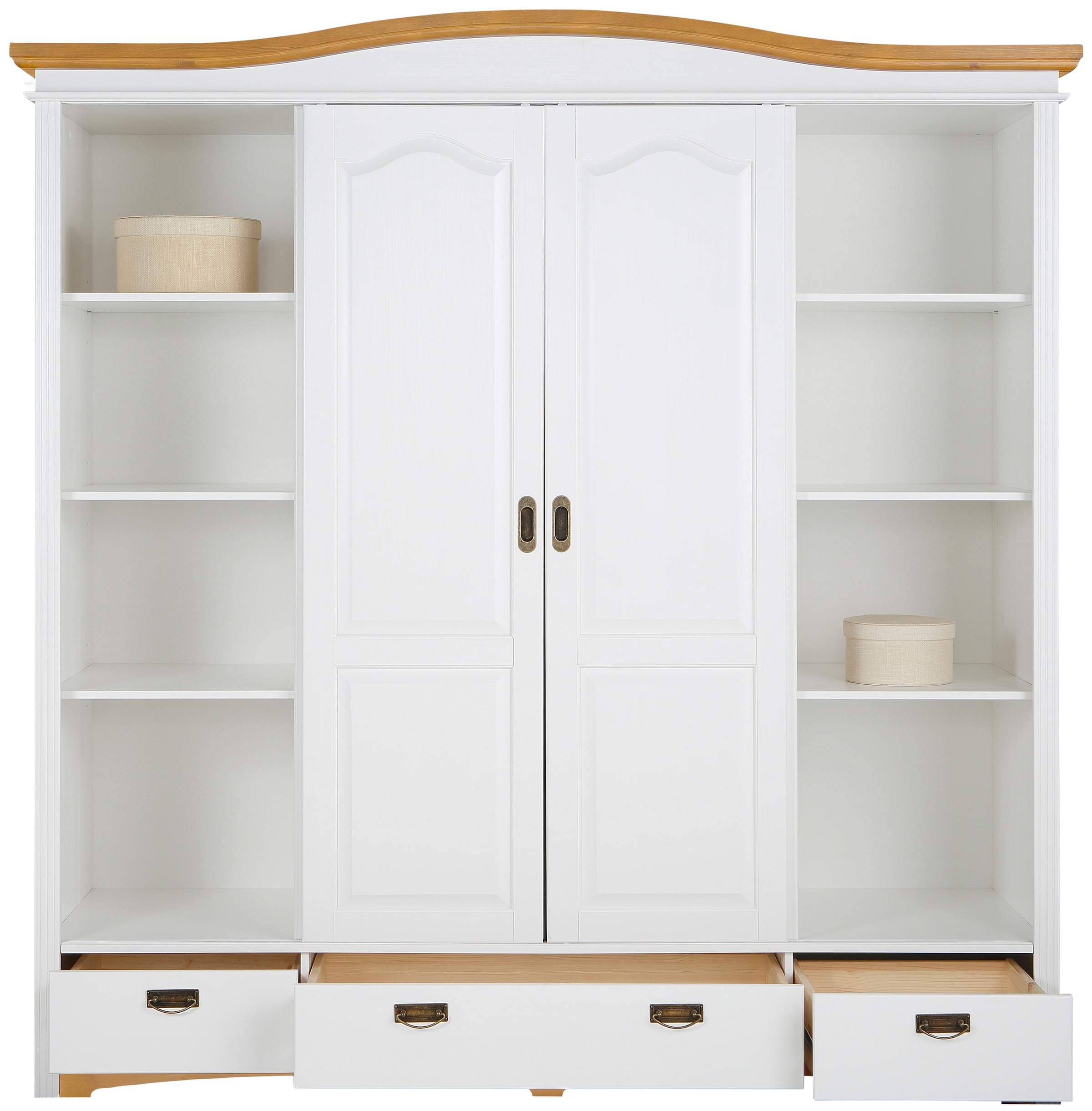 Home affaire Schiebetürenschrank »Konrad, Landhausstil, rustikal, mit Schubladen + Spiegel, Kassetten«, (3 Breiten: 153/202/249 cm H/T ca.207/64 cm), massive Kiefer, FSC®-zertifiziert, Messinggriffe, mehrere Varianten