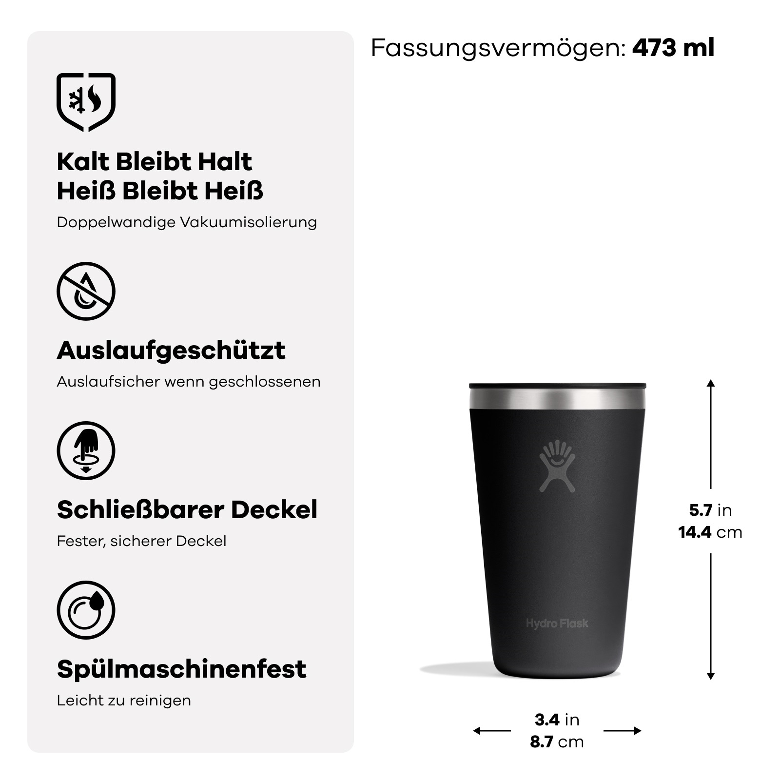 Hydro Flask Thermobecher »16 OZ All Around Tumbler Press-In Lid, 473 ml« Kompatibel mit Trinkhalmdeckel und verschließbaren Eindrückdeckel
