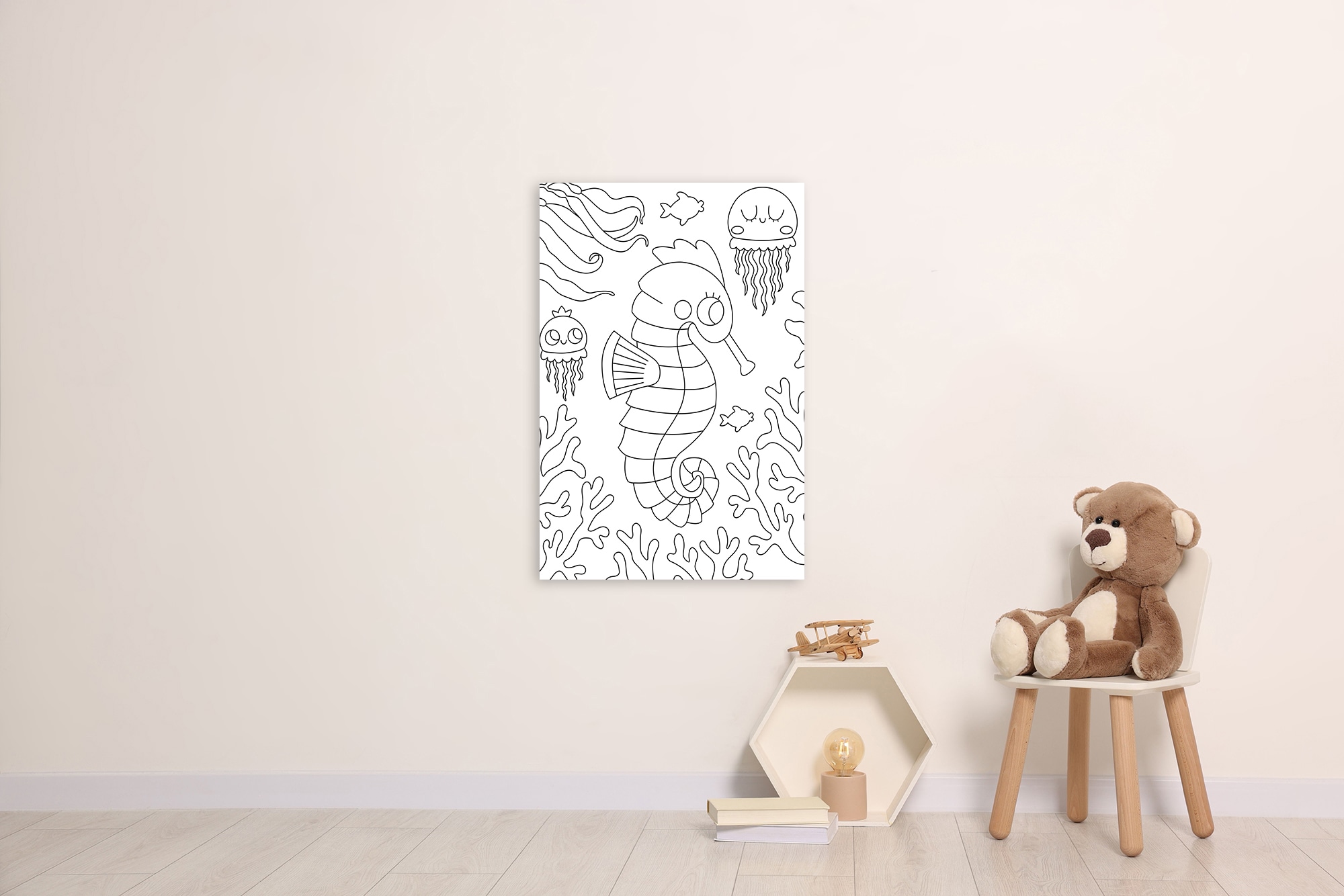 queence Bild »Seepferdchen und Quallen«, Figuren-Fisch & Meeresfrüchte-klassische Fantasie-Mädchen-Märchenbilder-Unterwasserwelt-Wassertiere, (1 St.), DIY Wandbild aus Dibond
