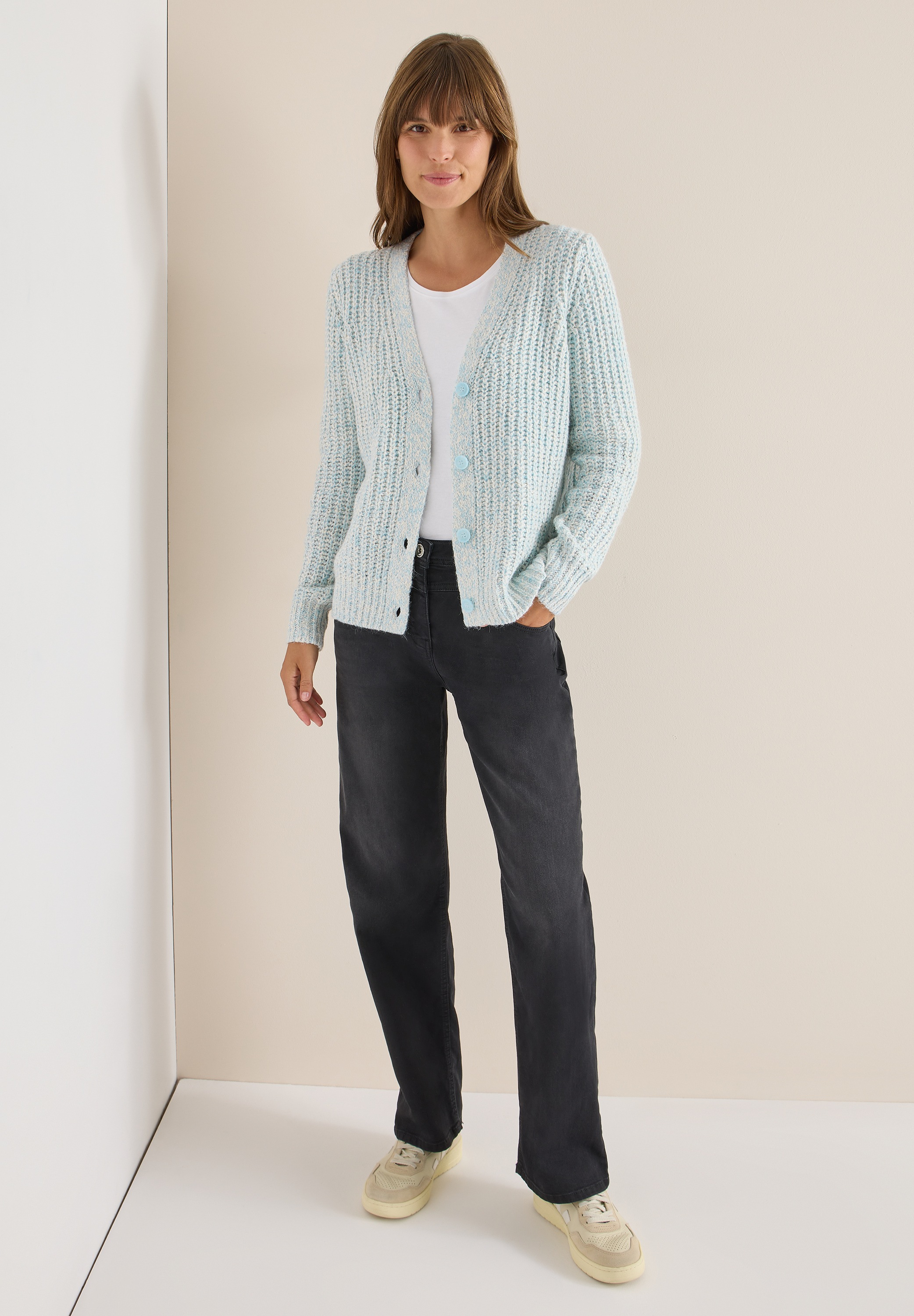 Cardigan CECIL, Damen, Gr. L (42), faded blau melange, Web, 58% Baumwolle, 24% Polyacryl, 10% Nylon, 8% Polyester, unifarben, comfort fit normal, V-Ausschnitt, Rippbündchen, Strickjacken 2
