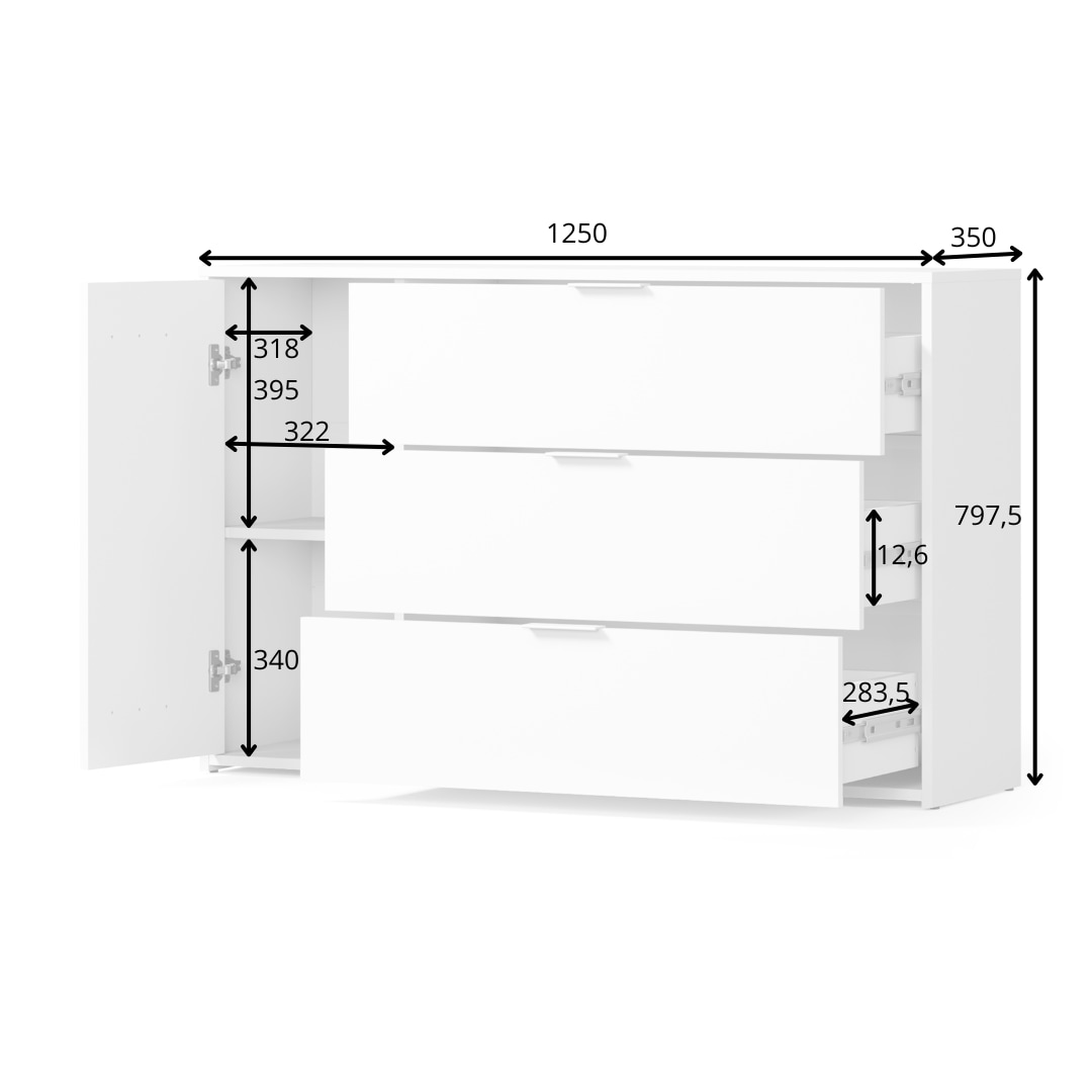 INOSIGN Kommode »Kommode Calera mit Drehtür, 3 Schubladen und MDF-Lamellen«, Kommode B/H/T 125/79,8/35 cm