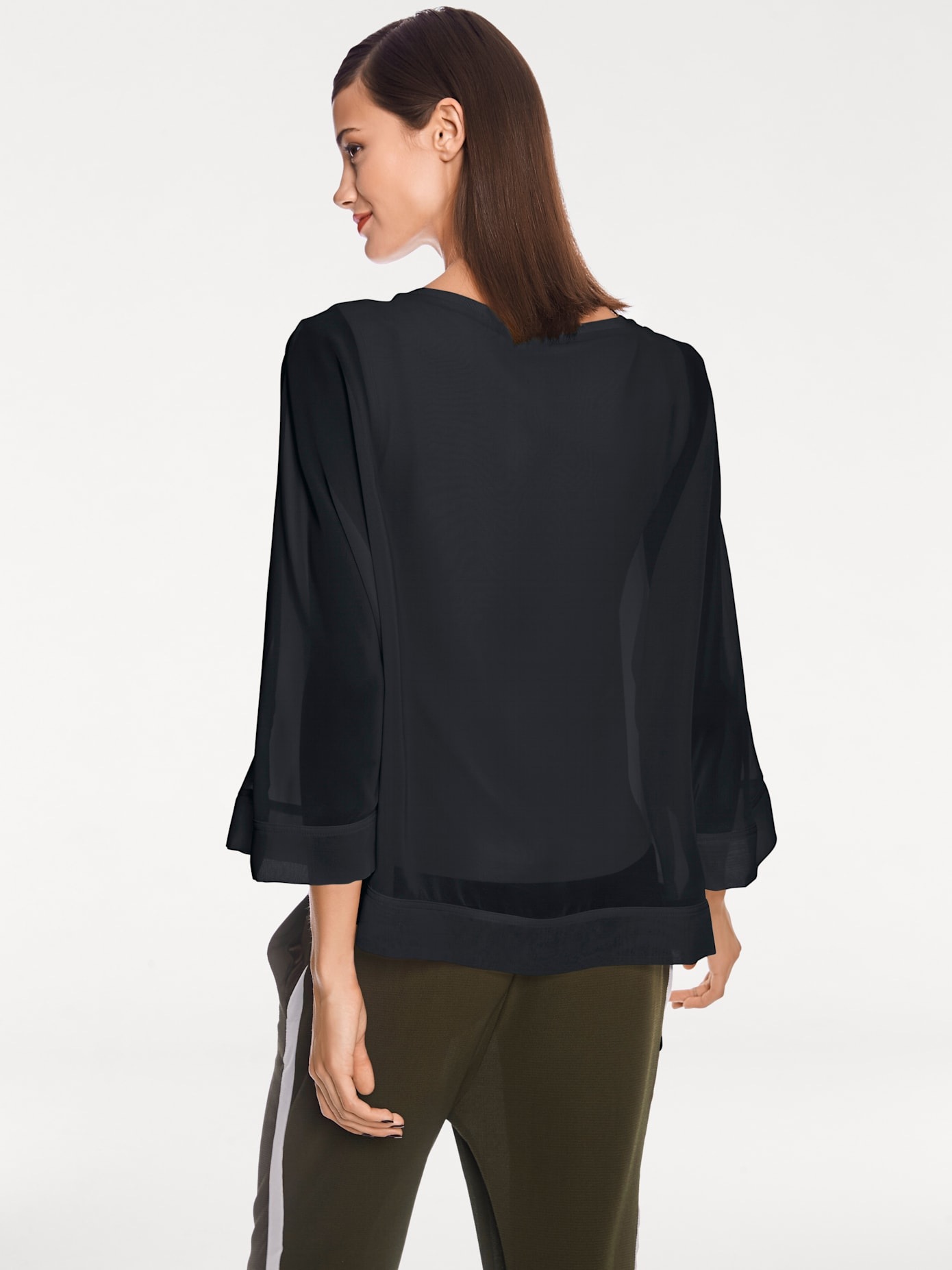 Blusenshirt HEINE "Blusenshirt", Damen, Gr. 44/46, schwarz, 100% Polyester, Unterteil:5% Elasthan, 95% Viskose, unifarben, Rundhals, Shirts Blusenshirt 2