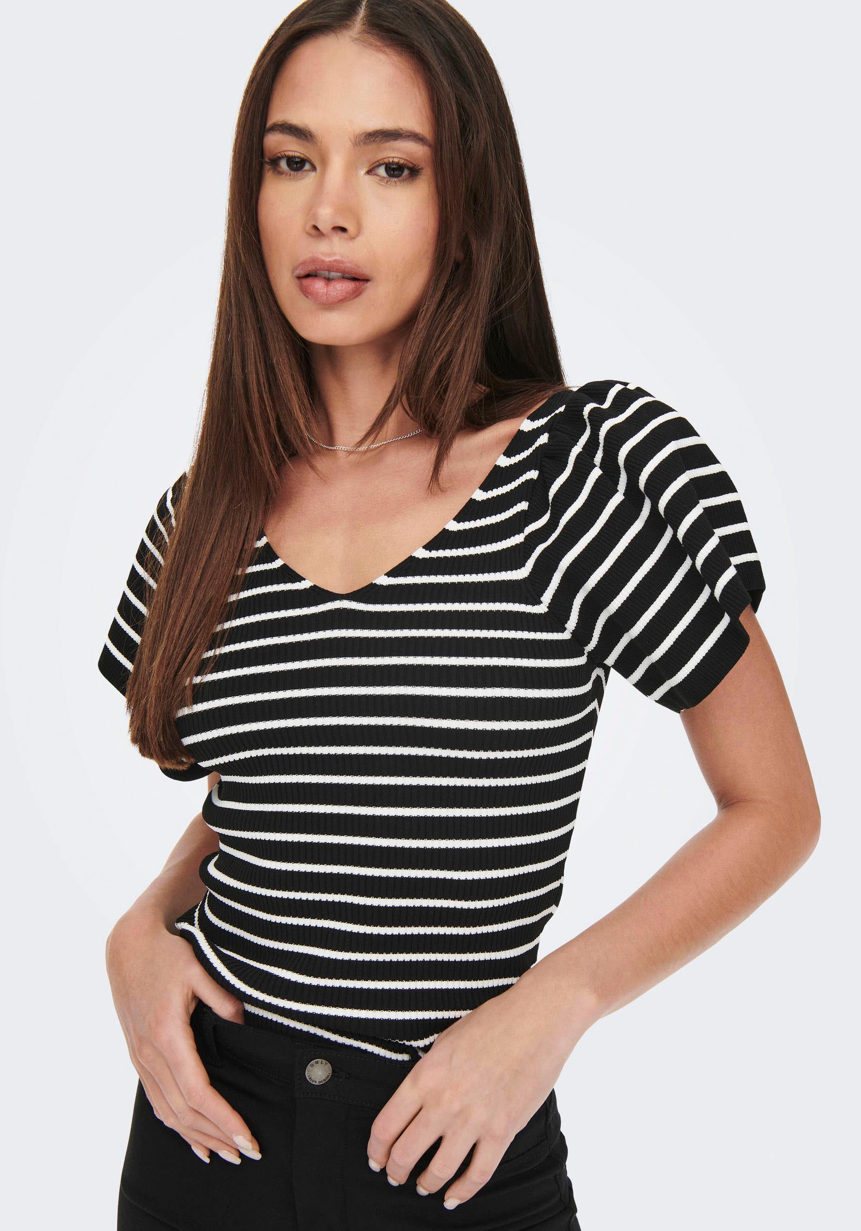 ONLY Kurzarmpullover »ONLLEELO STRIPE SS BACK V-NECK KNT NOOS«