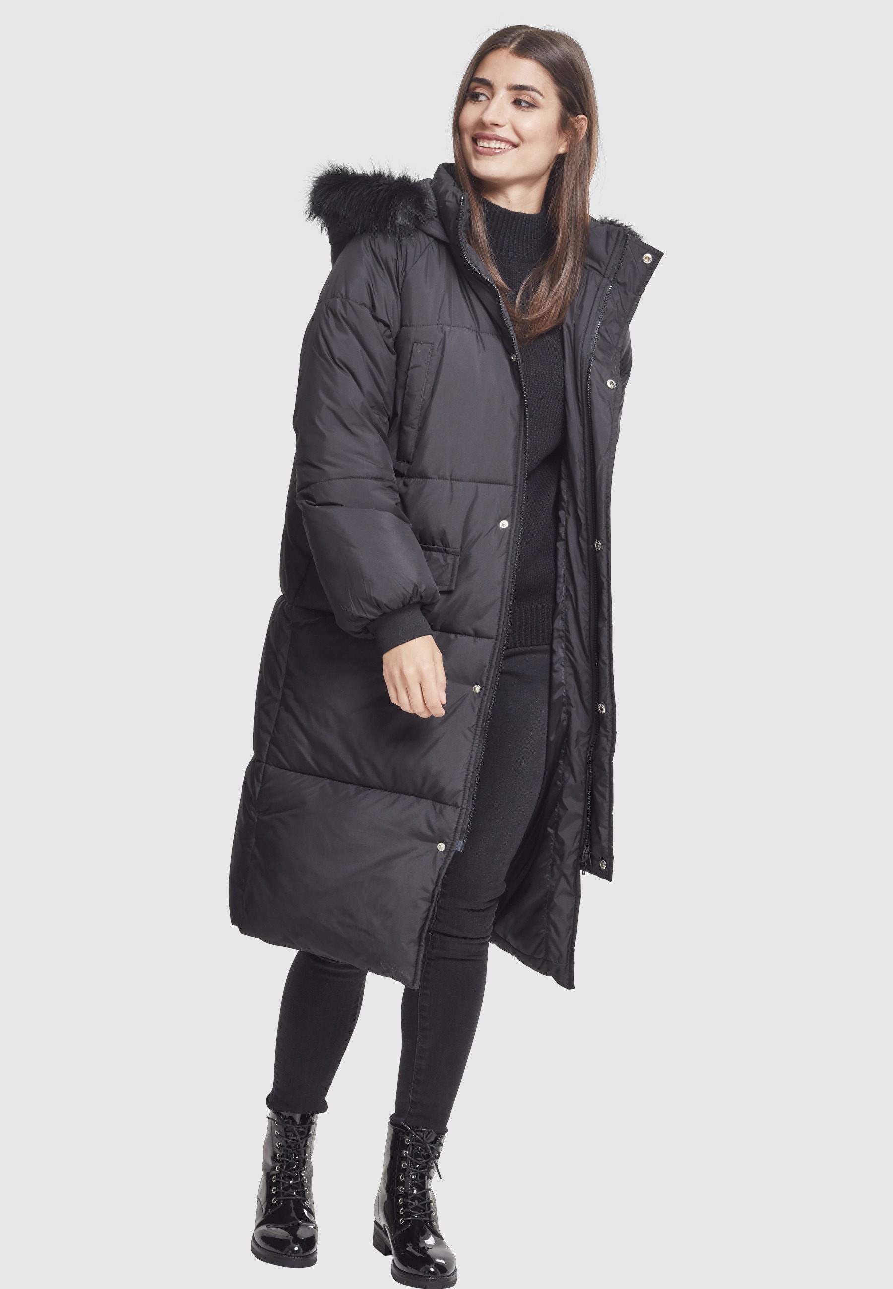 URBAN CLASSICS Winterjacke »Urban Classics Damen Ladies Oversize Faux Fur Puffer Coat« 1 Stk. tlg. mit Kapuze