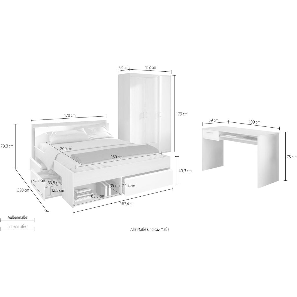 Parisot Jugendzimmer-Set »Most«, (Set, 3 St., Bett mit Schubkästen, Kleiderschrank und Schreibtisch)