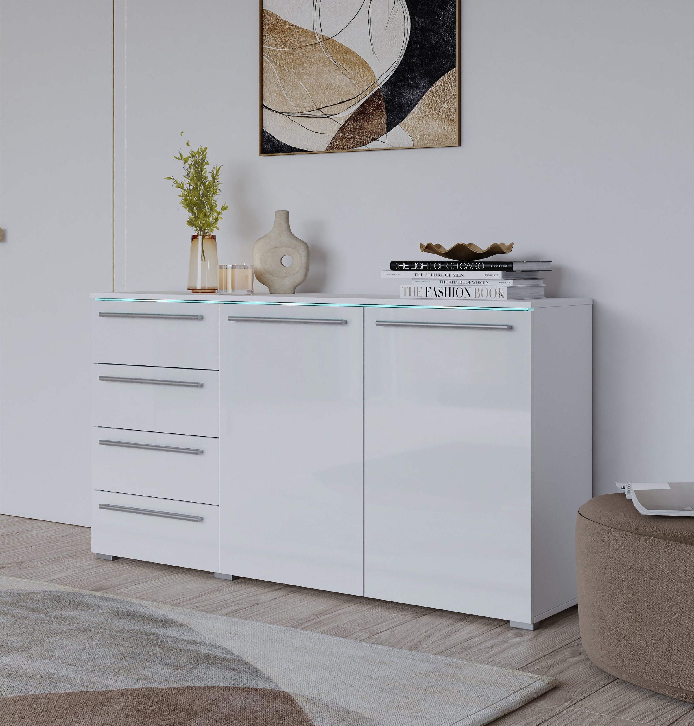 INOSIGN Sideboard »India, aus FSC-zertifiziertem Holzwerkstoff, Made in Europe«, (135x81x41 (BxHxT), Schieferoptik oder weiß mit Hochglanzfronten), Schubladenschrank inklusive Beleuchtung mit Fernbedienung