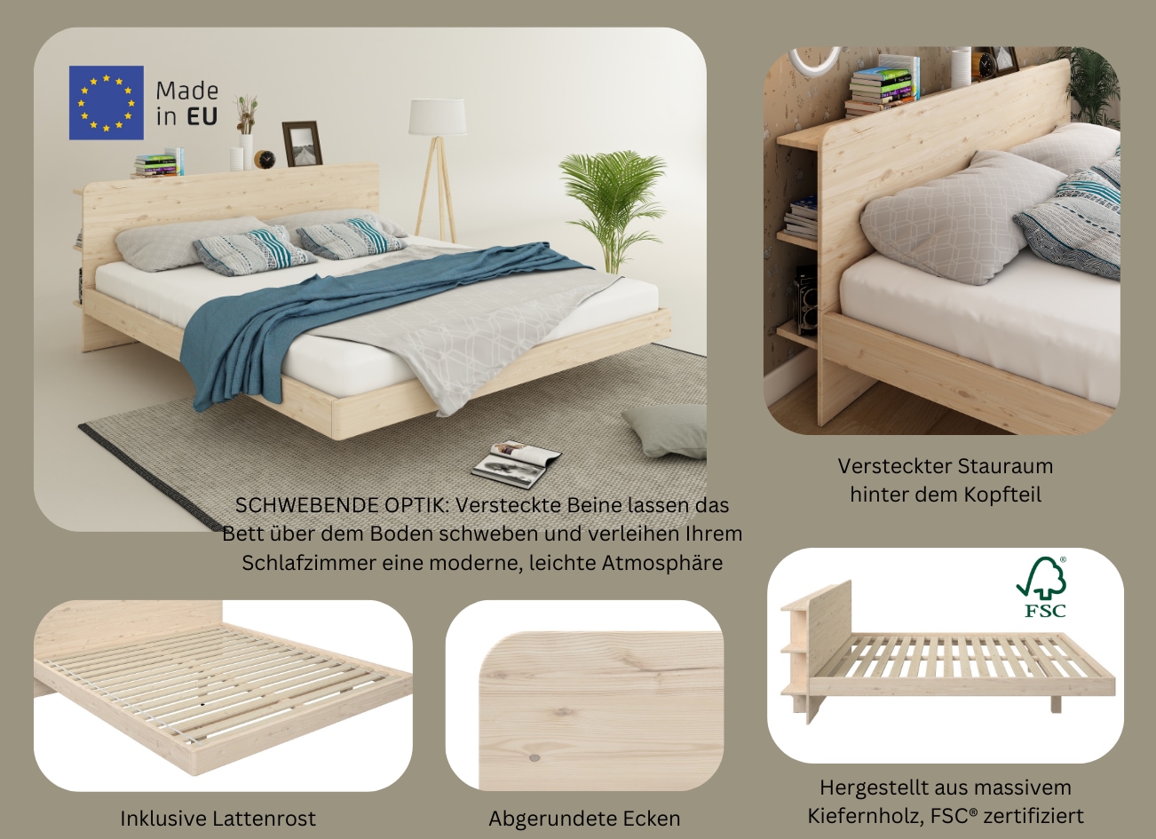 OTTO home Massivholzbett »Amaliah Schwebebett, versteckte Regale hinter dem Kopfteil,« schwebender Effekt, mit Lattenrost, modernes Design, stabile Qualität