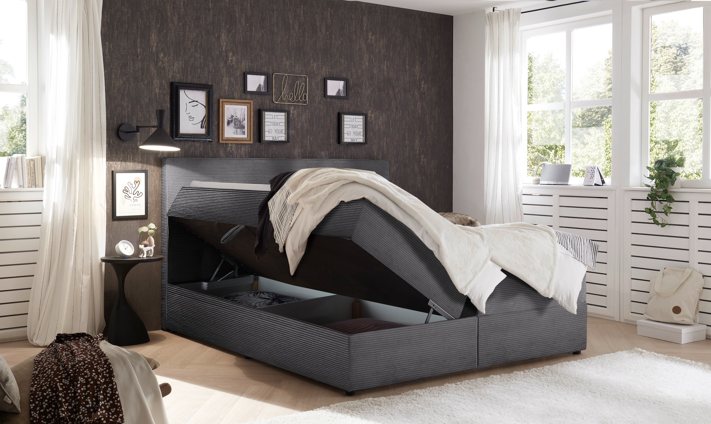 ED EXCITING DESIGN Boxbett »Larnaca«, Bezug aus Cord, inkl. Topper und Bettkasten