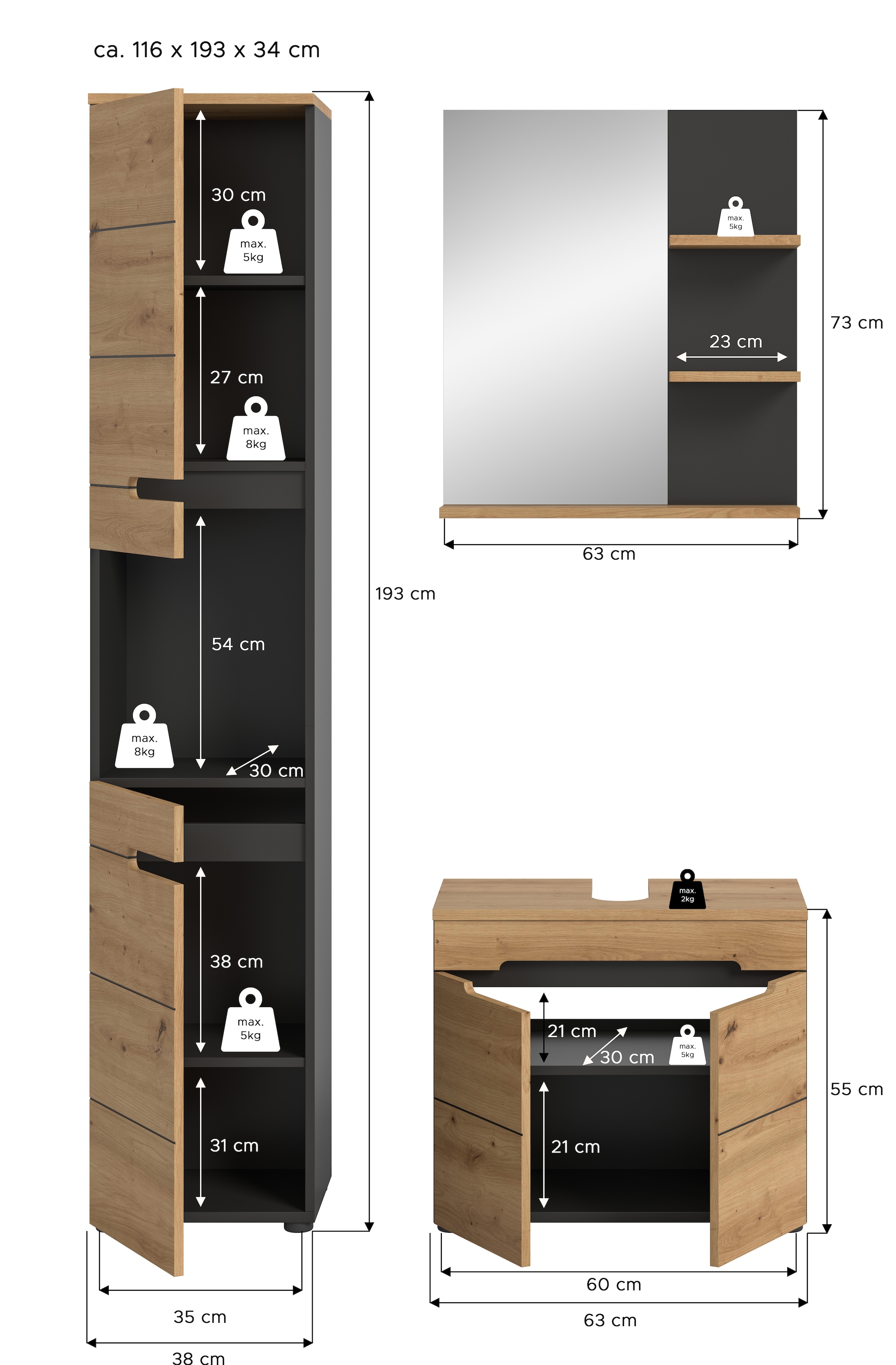 INOSIGN Badmöbel-Set »REHAT, 3-teilig, Breite 116 cm, mit grifflosen Fronten, bestehend aus:«, (3 St.), 1x Hochschrank, 1x Waschbeckenunterschrank & 1x Badspiegel
