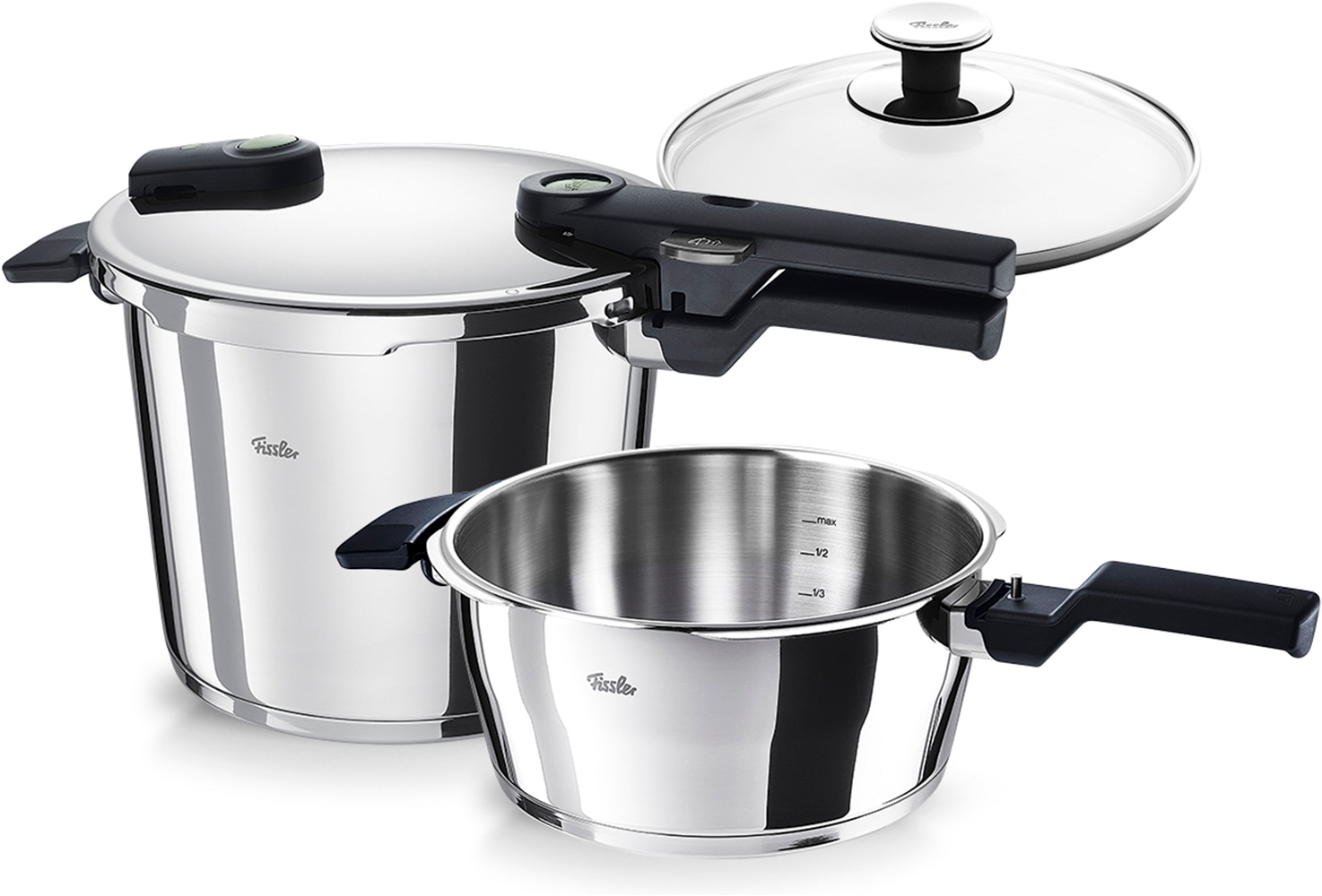 Fissler Schnellkochtopf "VitaquickElemental Dampfkochtopf Premium Drucktopf" Set, 2 Schnellkochtöpfe jeweils mit Glasdeckel, 4 tlg. Edelstahl 18/10