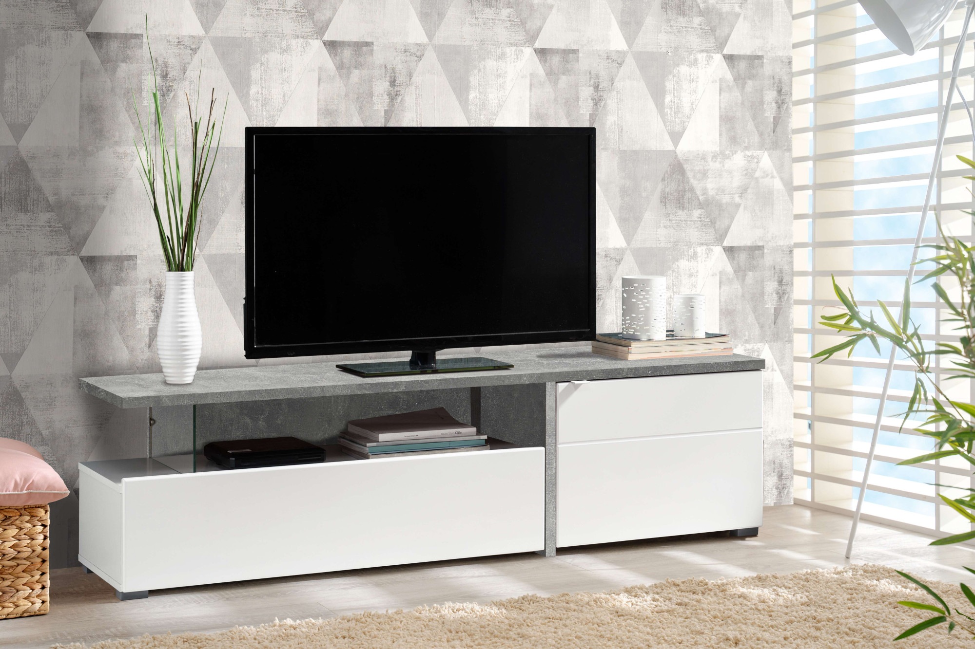 INOSIGN TV-Board "Fortuna Lowboard, TV-Schrank, TV-Ständer, Breite 160,5 cm", Opaque Weiß mit Segmenten im Betondekor, m